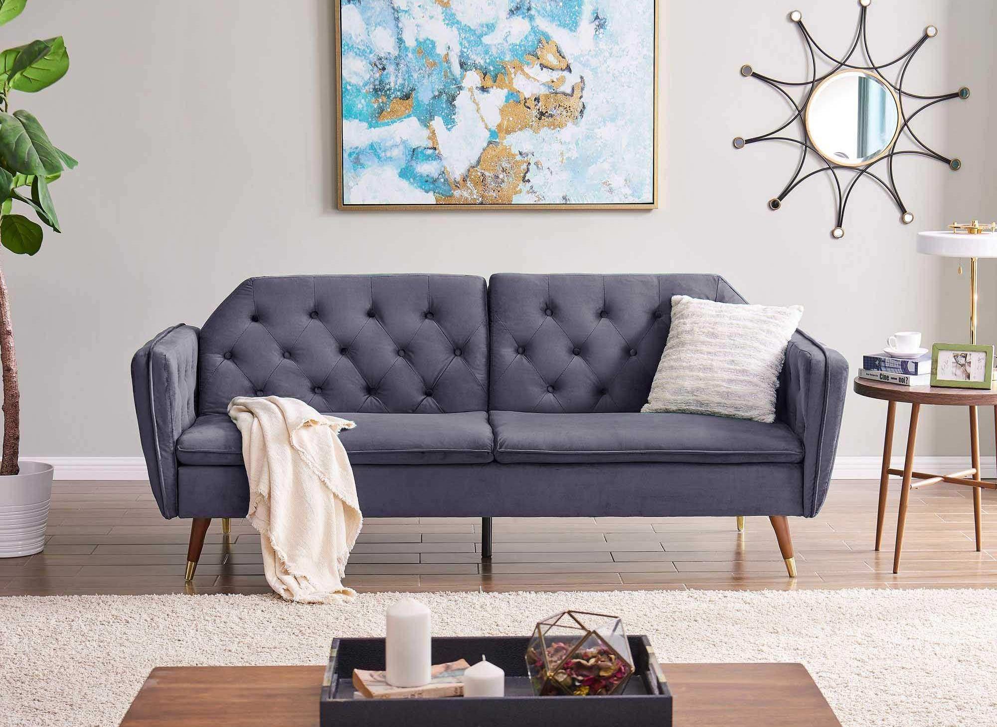 Canapé clic-clac convertible 3 places en tissu velours gris ARIANE