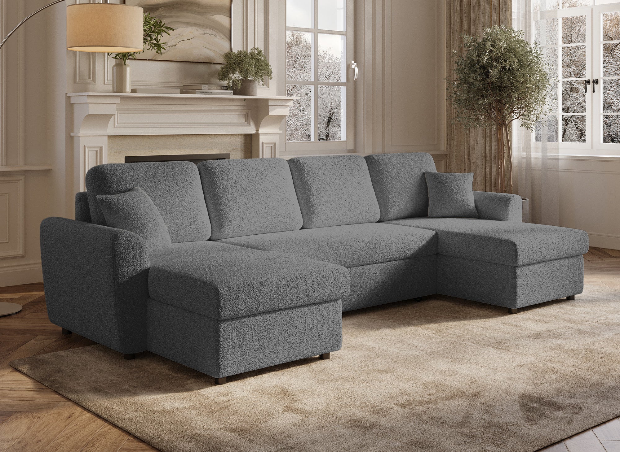 Divano panoramico trasformabile con 2 contenitori in tessuto spugna grigio ADRYEN