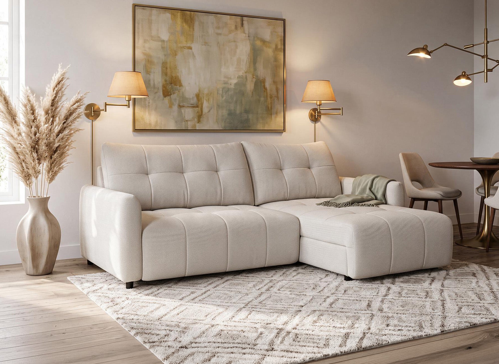 Divano angolare relax reversibile con cassapanca in tessuto strutturato beige KALINKA