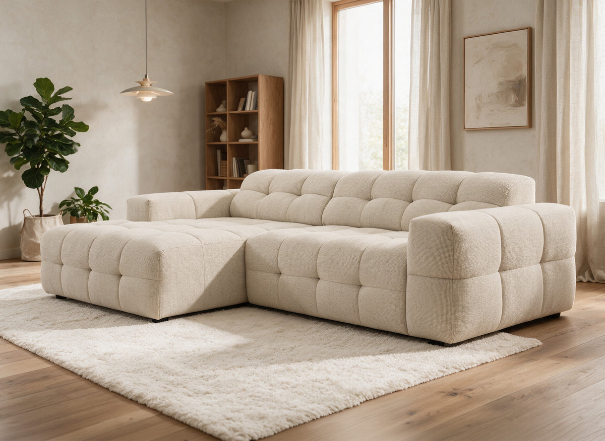 Divano angolare relax elettrico in velluto operato beige FEDORA - Angolo sinistro
