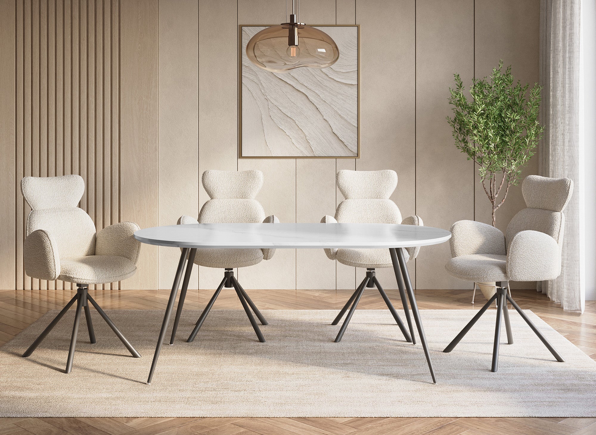 Table à manger ovale effet marbre blanc DIWAN