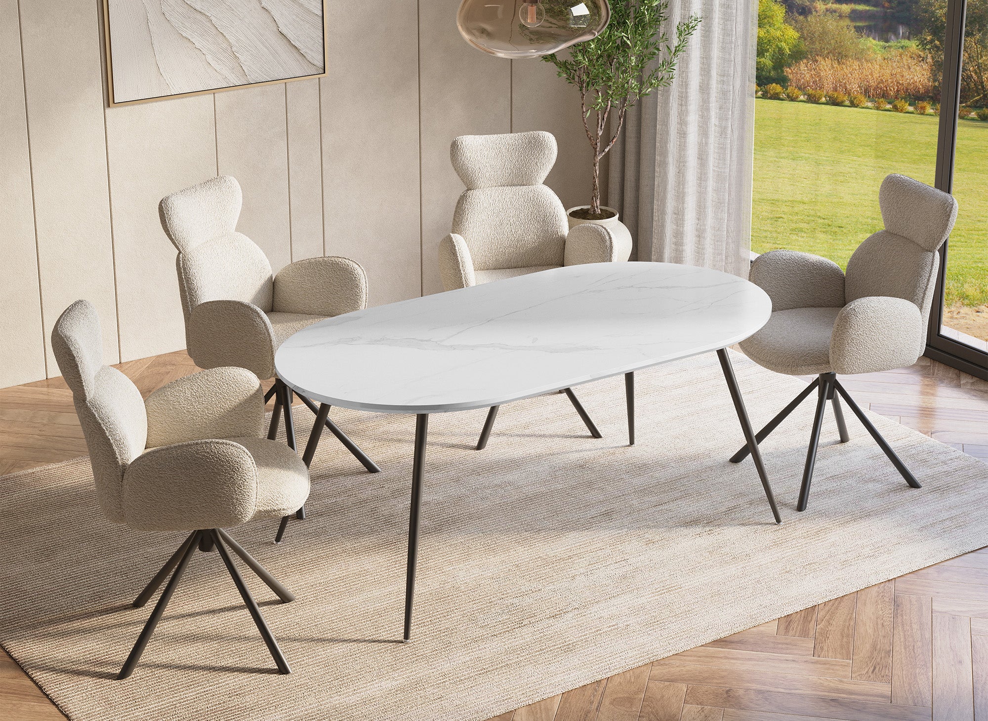 Table à manger ovale effet marbre blanc DIWAN