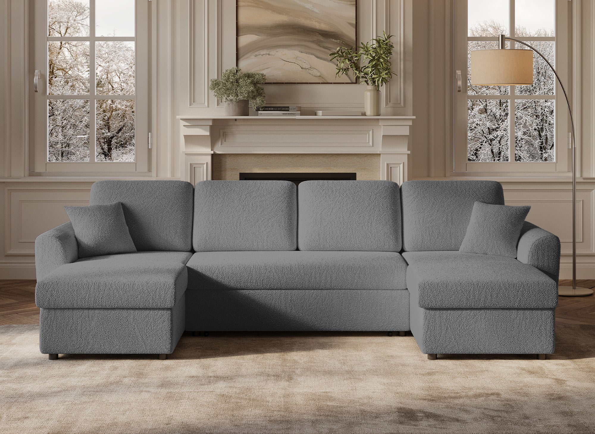 Divano panoramico trasformabile con 2 contenitori in tessuto spugna grigio ADRYEN