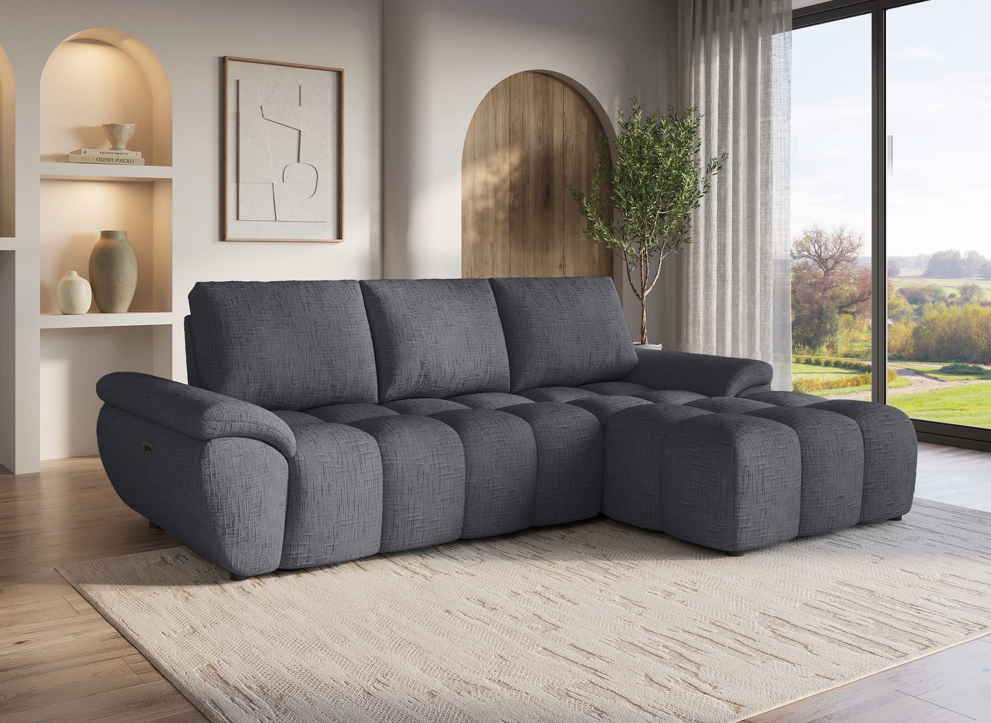 Canapé d’angle relax électrique en velours chiné gris ALPES - Angle droit