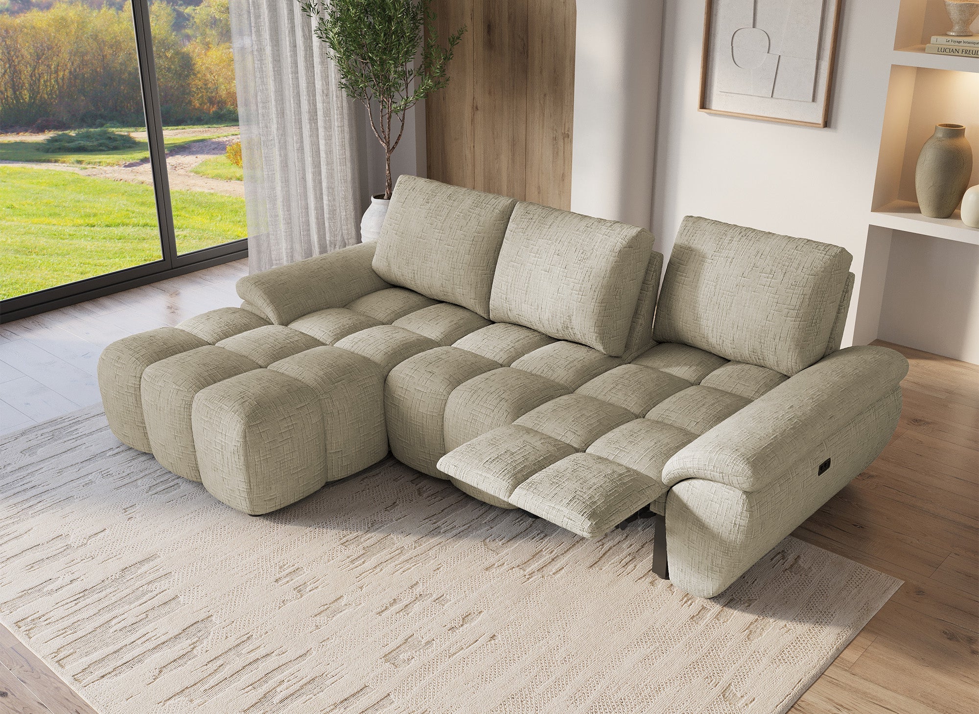 Canapé d’angle relax électrique en velours chiné taupe ALPES - Angle gauche