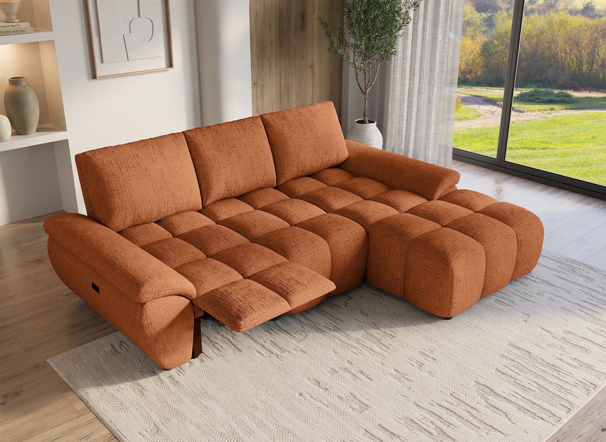 Canapé d’angle relax électrique en velours chiné terracotta ALPES - Angle droit