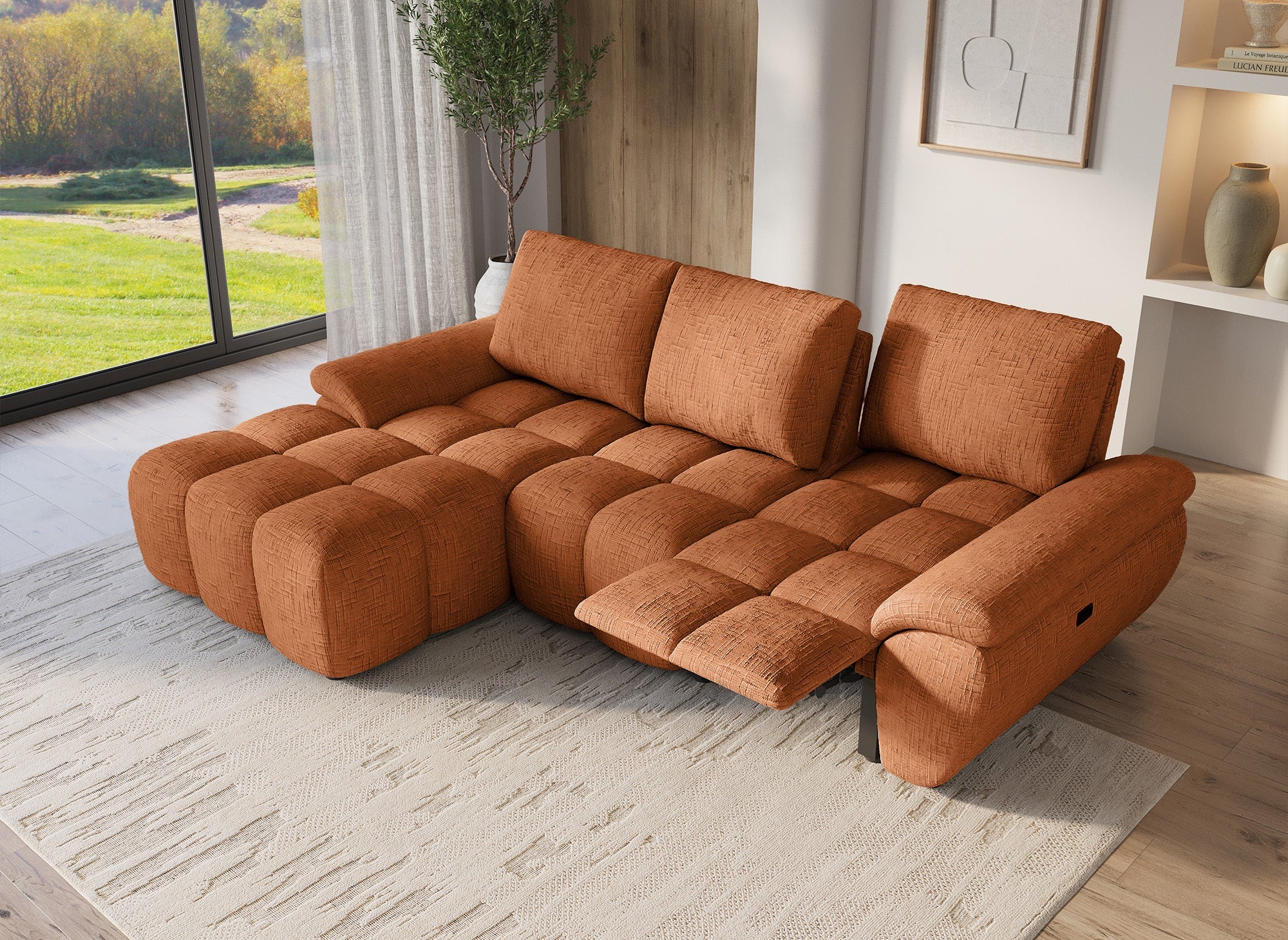 Canapé d’angle relax électrique en velours chiné terracotta ALPES - Angle gauche