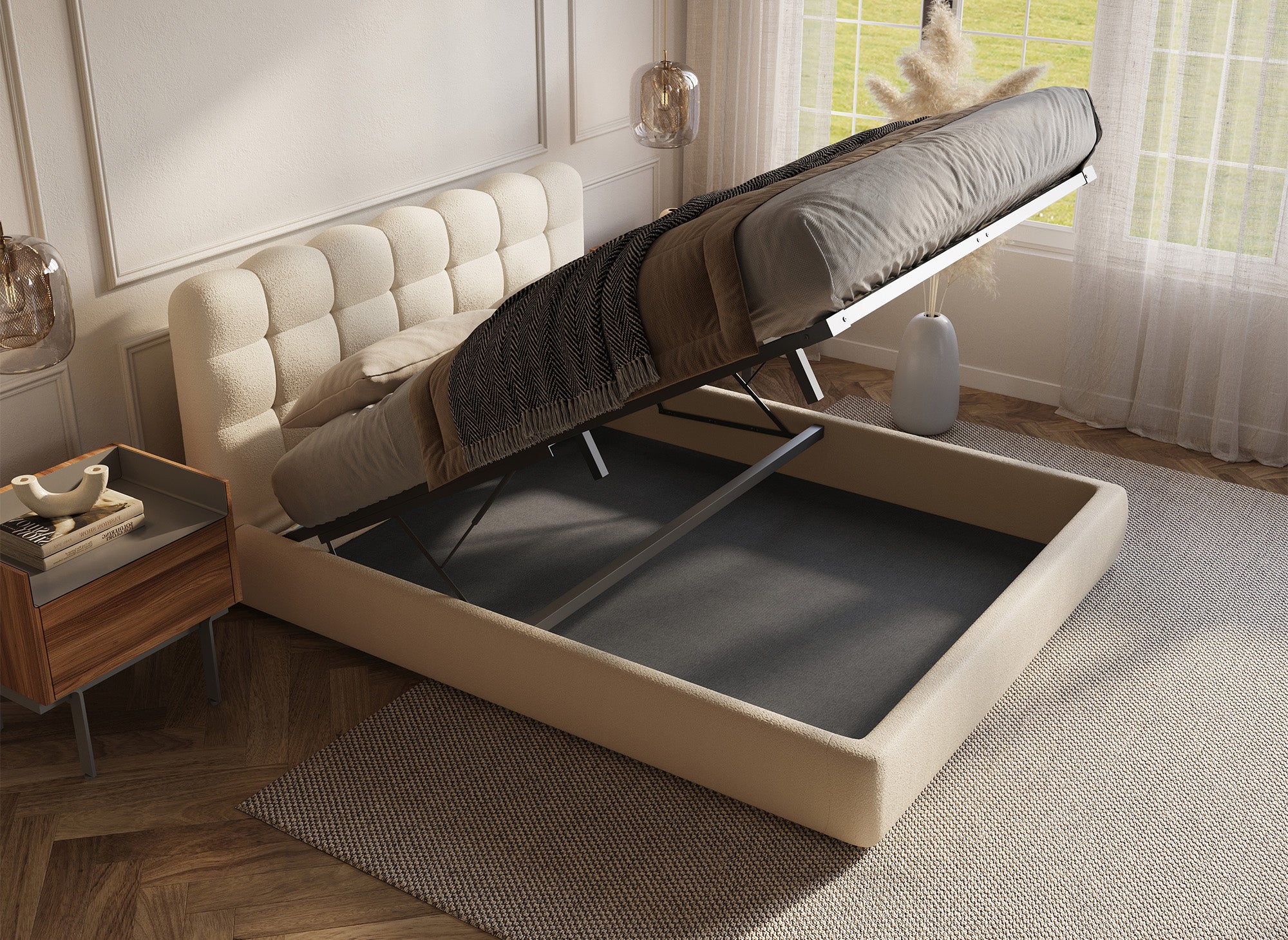 Lit coffre en tissu bouclette beige 140x190 cm BISCUIT