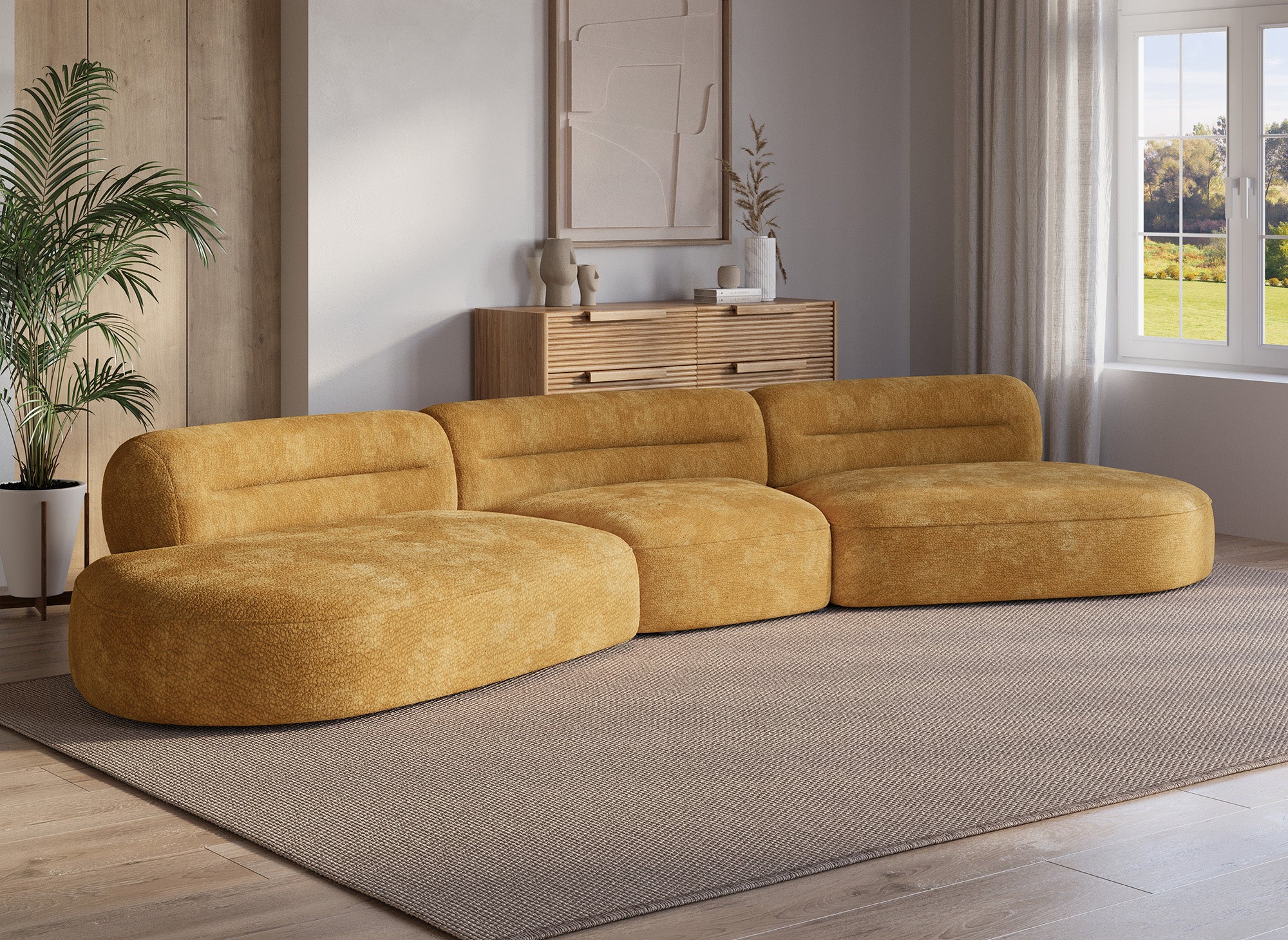 Canapé droit 5 places en velours tissé moutarde IMENIA