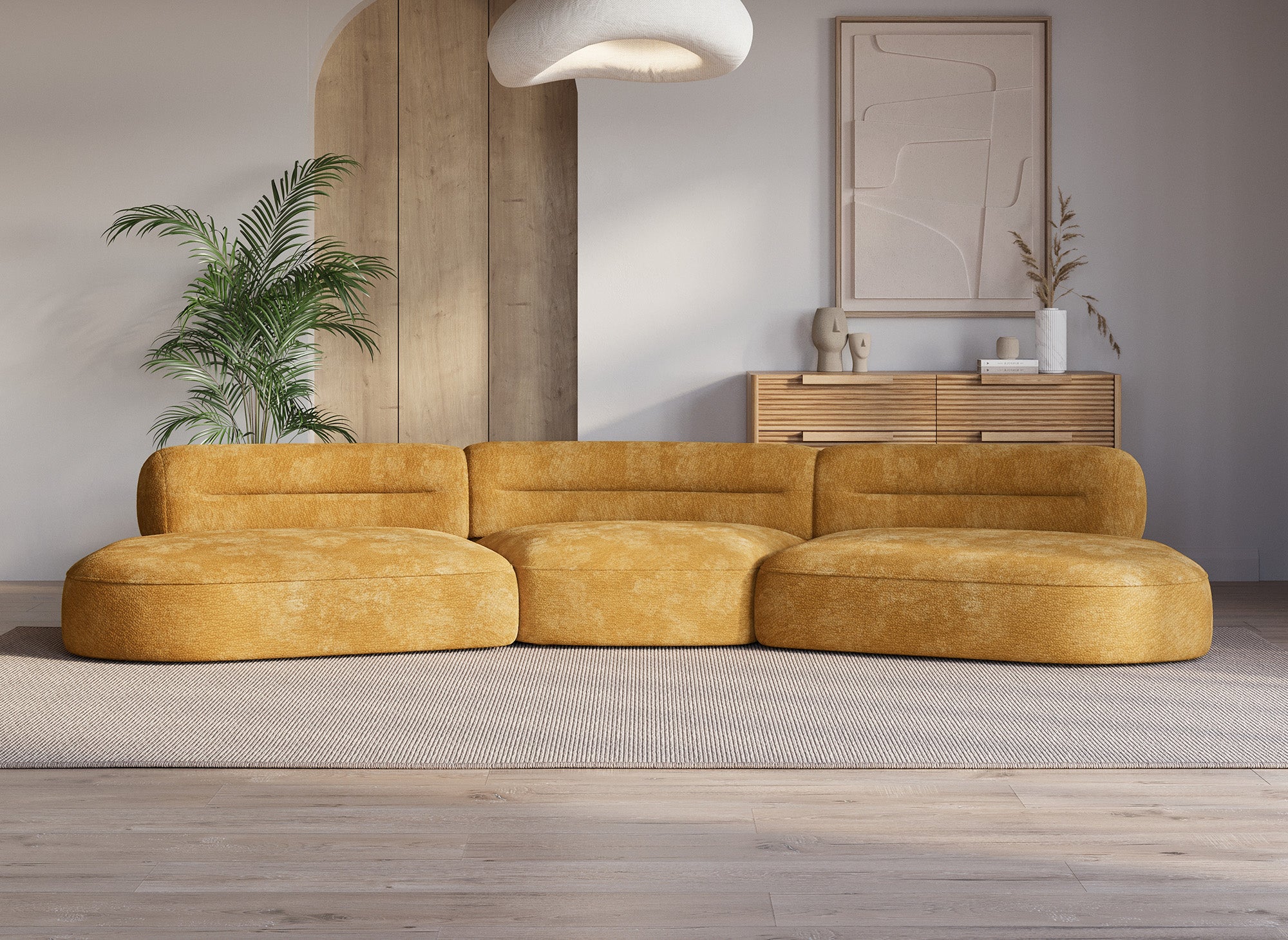 Canapé droit 5 places en velours tissé moutarde IMENIA