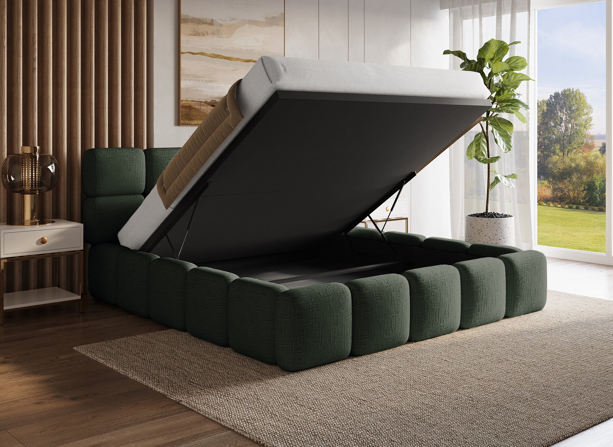 Lit coffre en velours chiné vert olive 180x200 cm BUBBLE