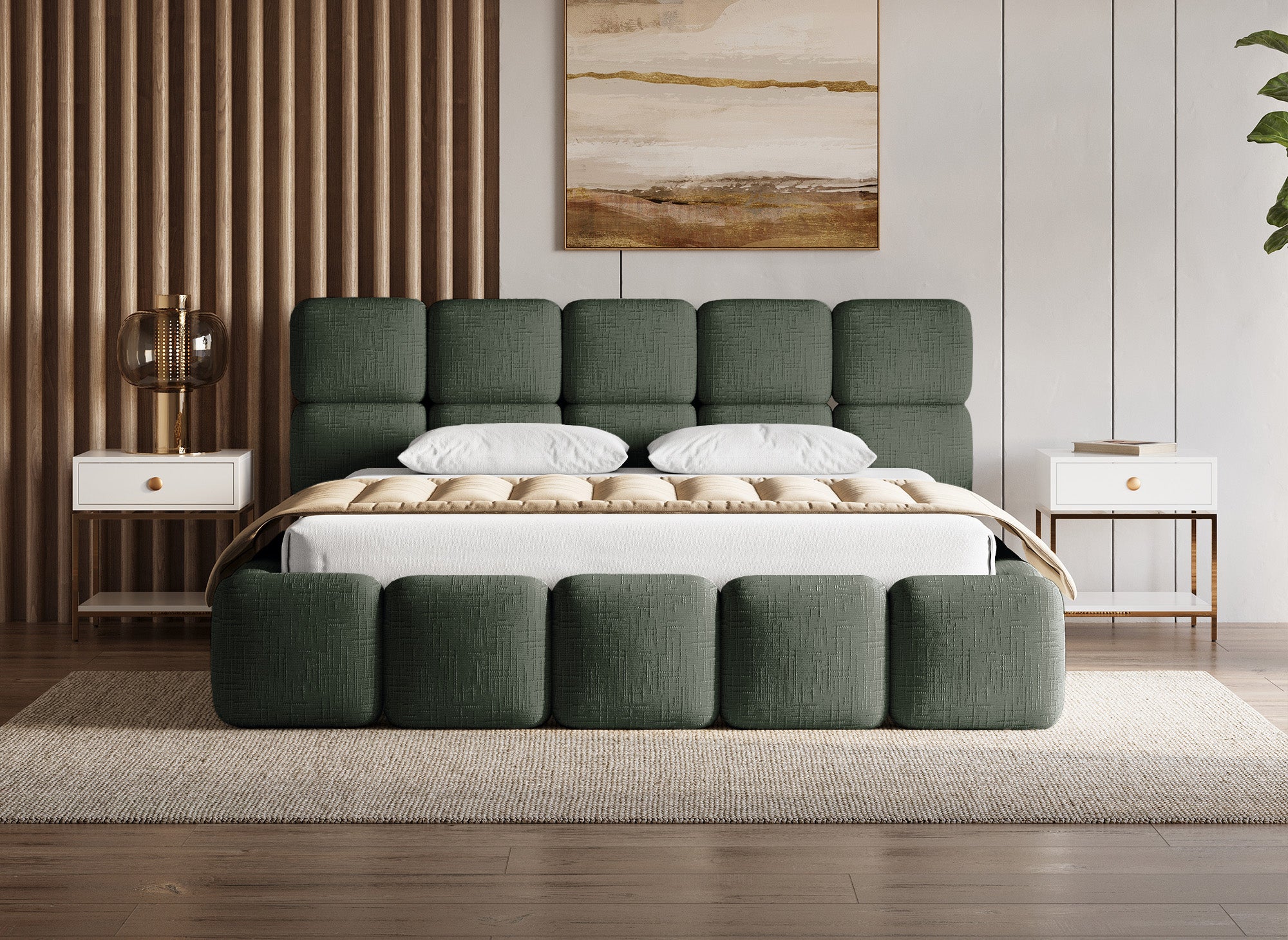 Lit coffre en velours chiné vert olive 180x200 cm BUBBLE