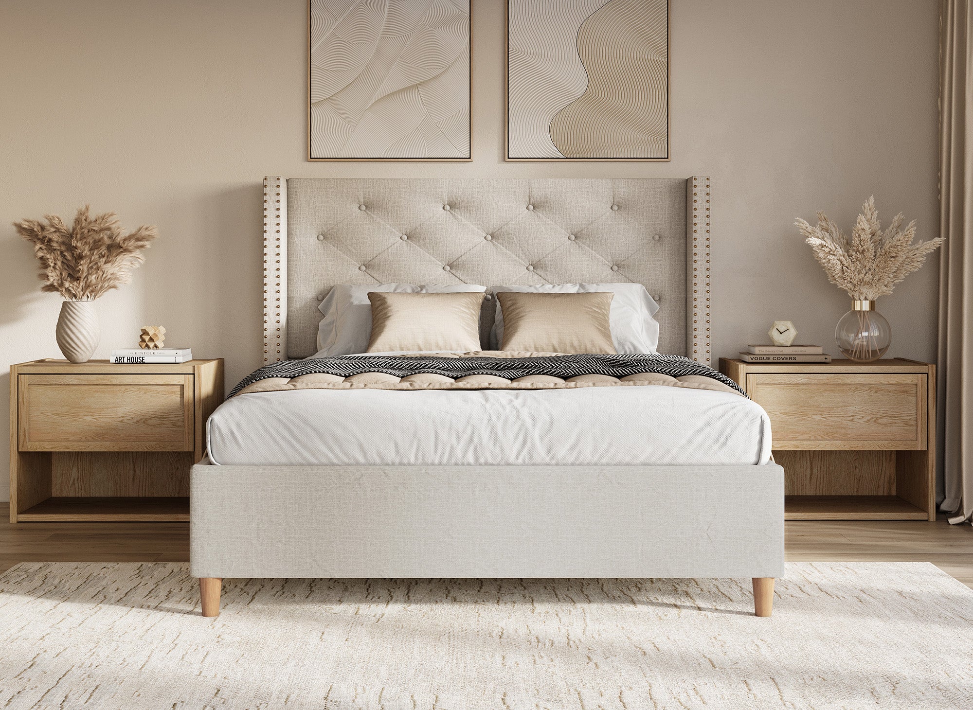 Lit double en tissu capitonné beige 160x200 cm MARGOT