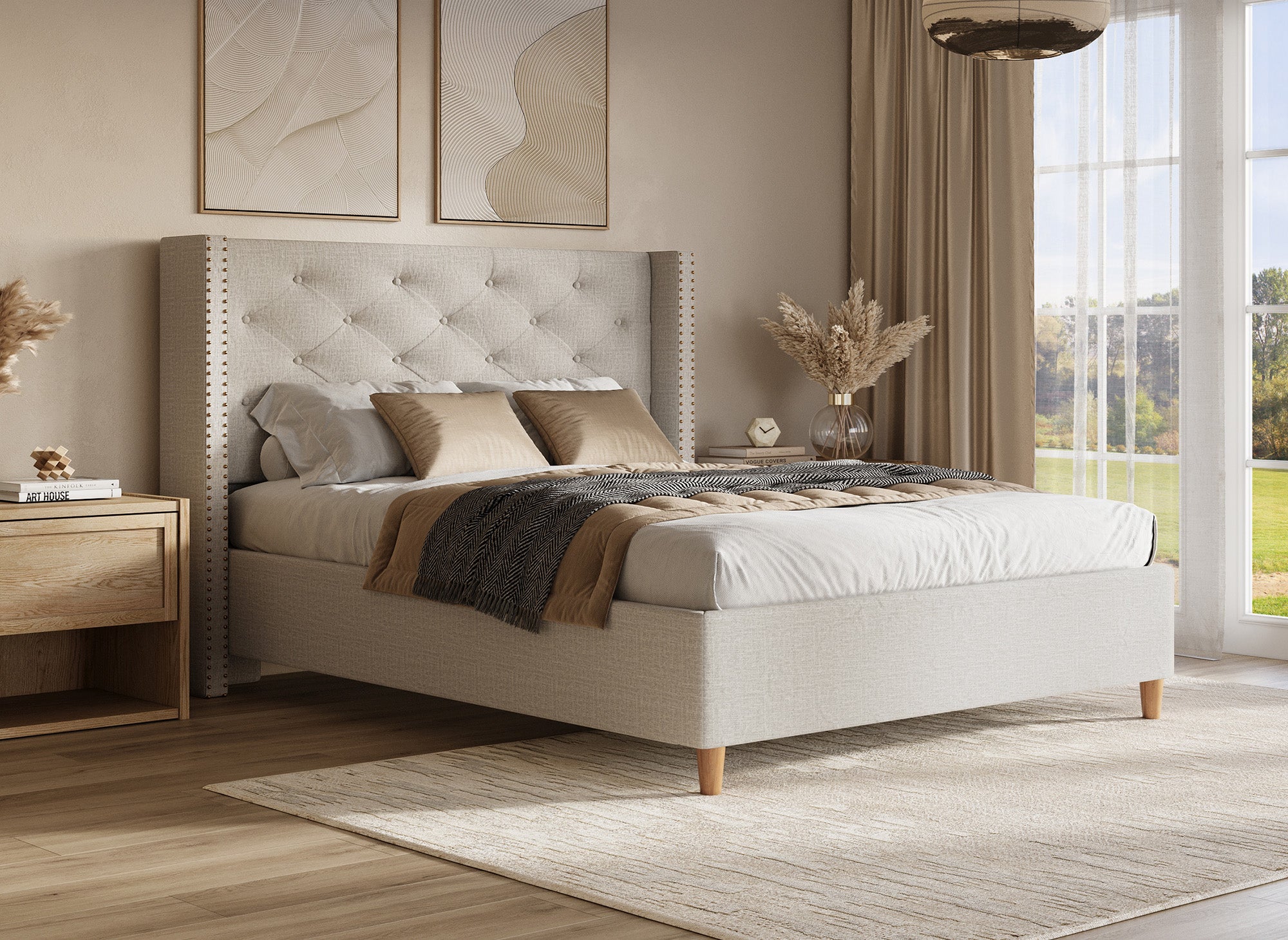 Lit double en tissu capitonné beige 180x200 cm MARGOT