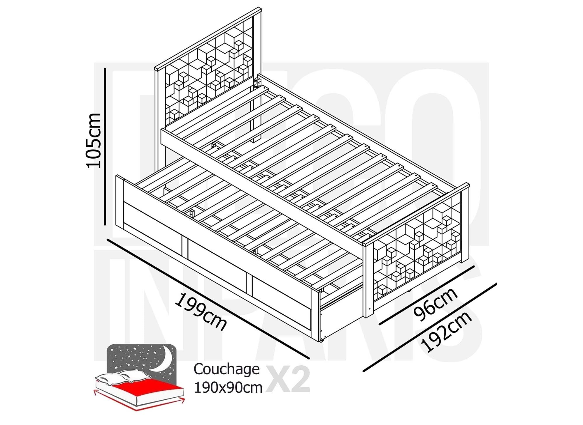 Lit gigogne avec tiroirs en bois blanc ENORA 90 x 190 cm