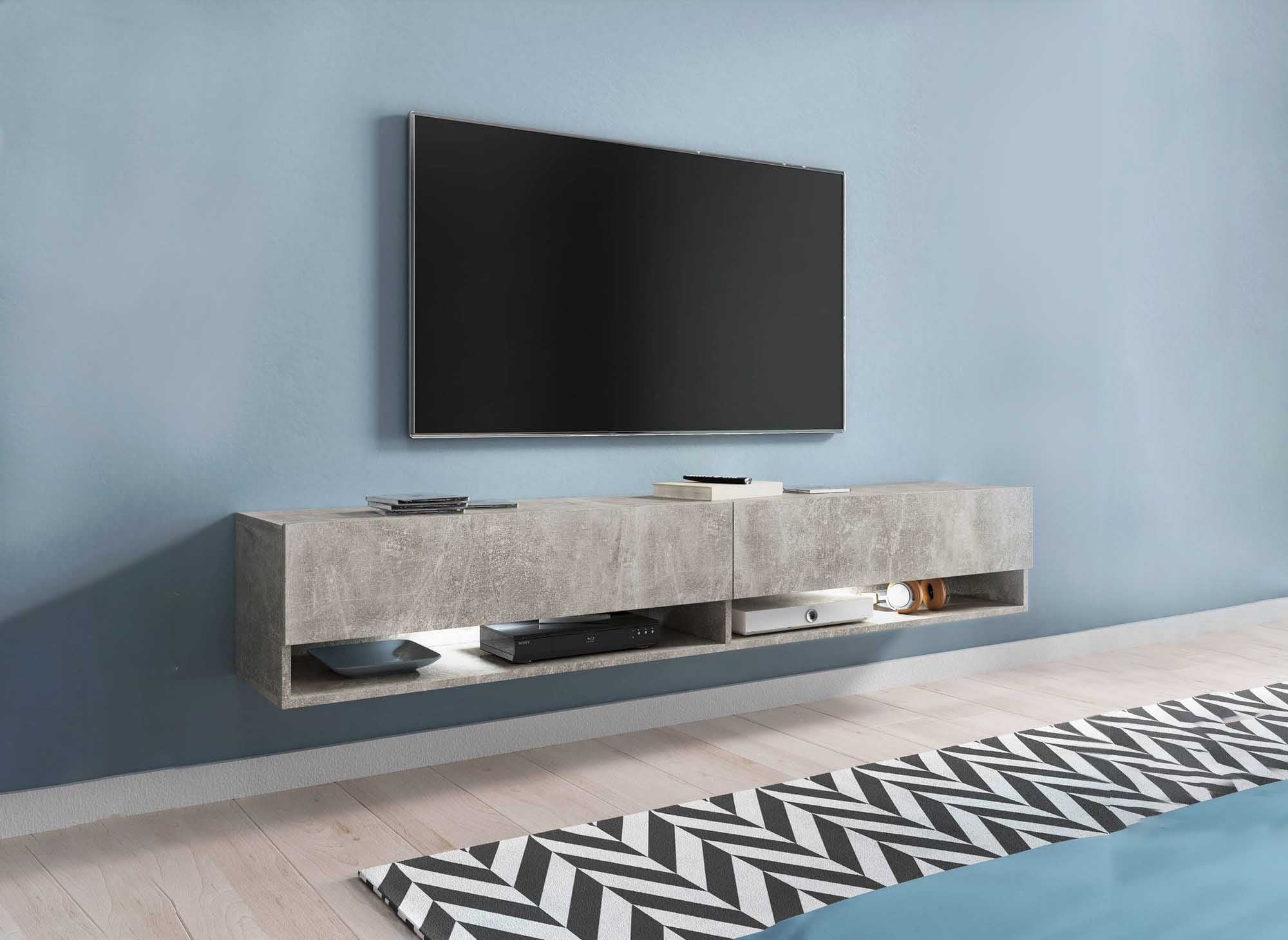 Meuble TV suspendu 2 portes 2 niches gris béton ROMANE XXL - 180 cm