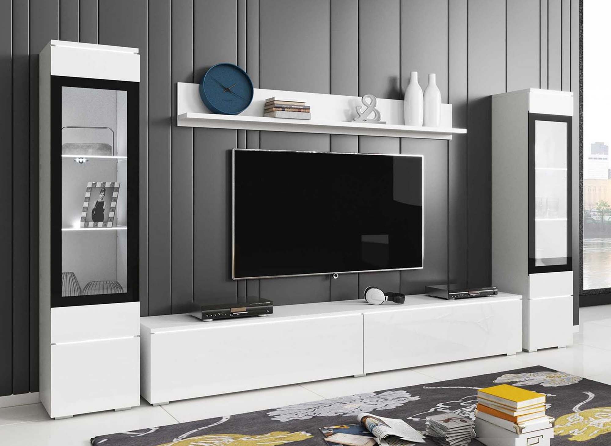 Meuble TV contemporain blanc laqué avec LED - VERONICA XL