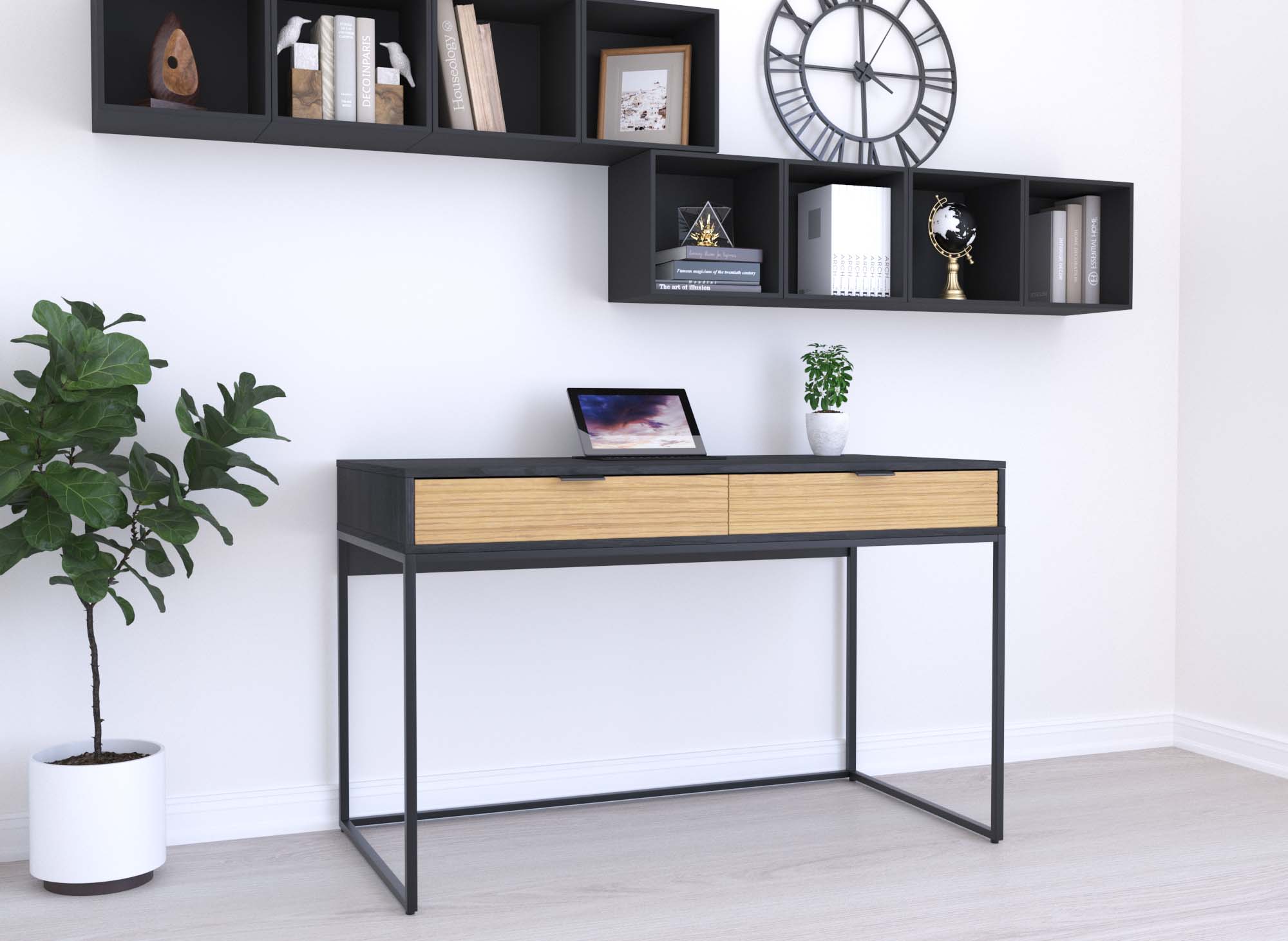 Bureau 2 tiroirs en bois clair et métal noir TISSIA