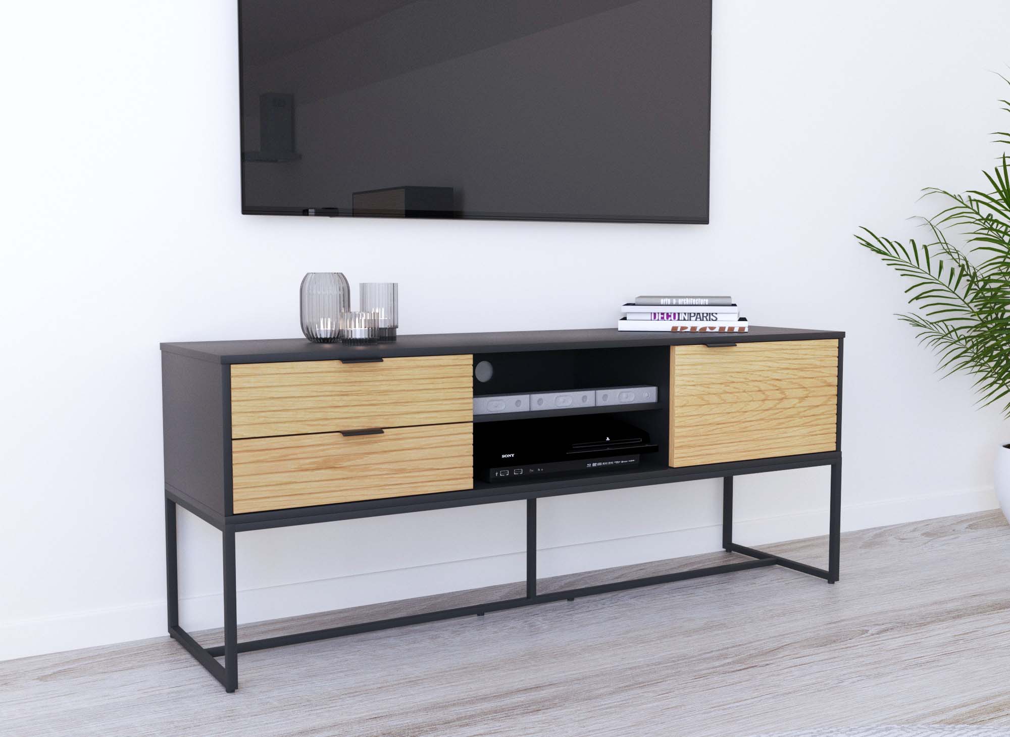 Meuble TV 2 tiroirs 1 porte en bois clair et métal noir TISSIA