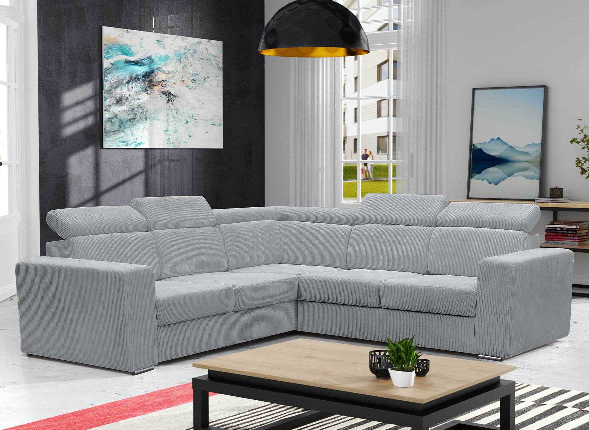 Canapé d'angle convertible et réversible en velours côtelé gris clair MERYL