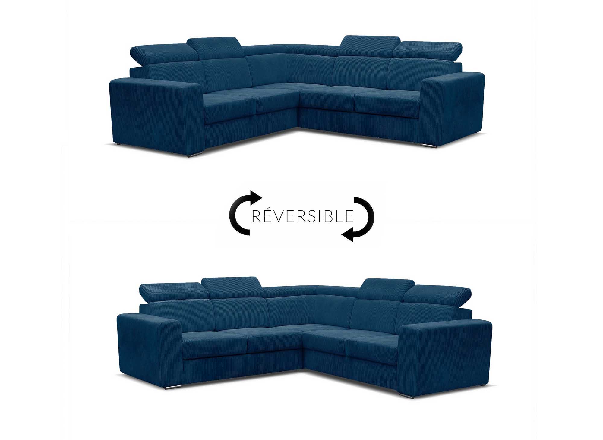 Canapé d'angle convertible et réversible en velours côtelé bleu MERYL
