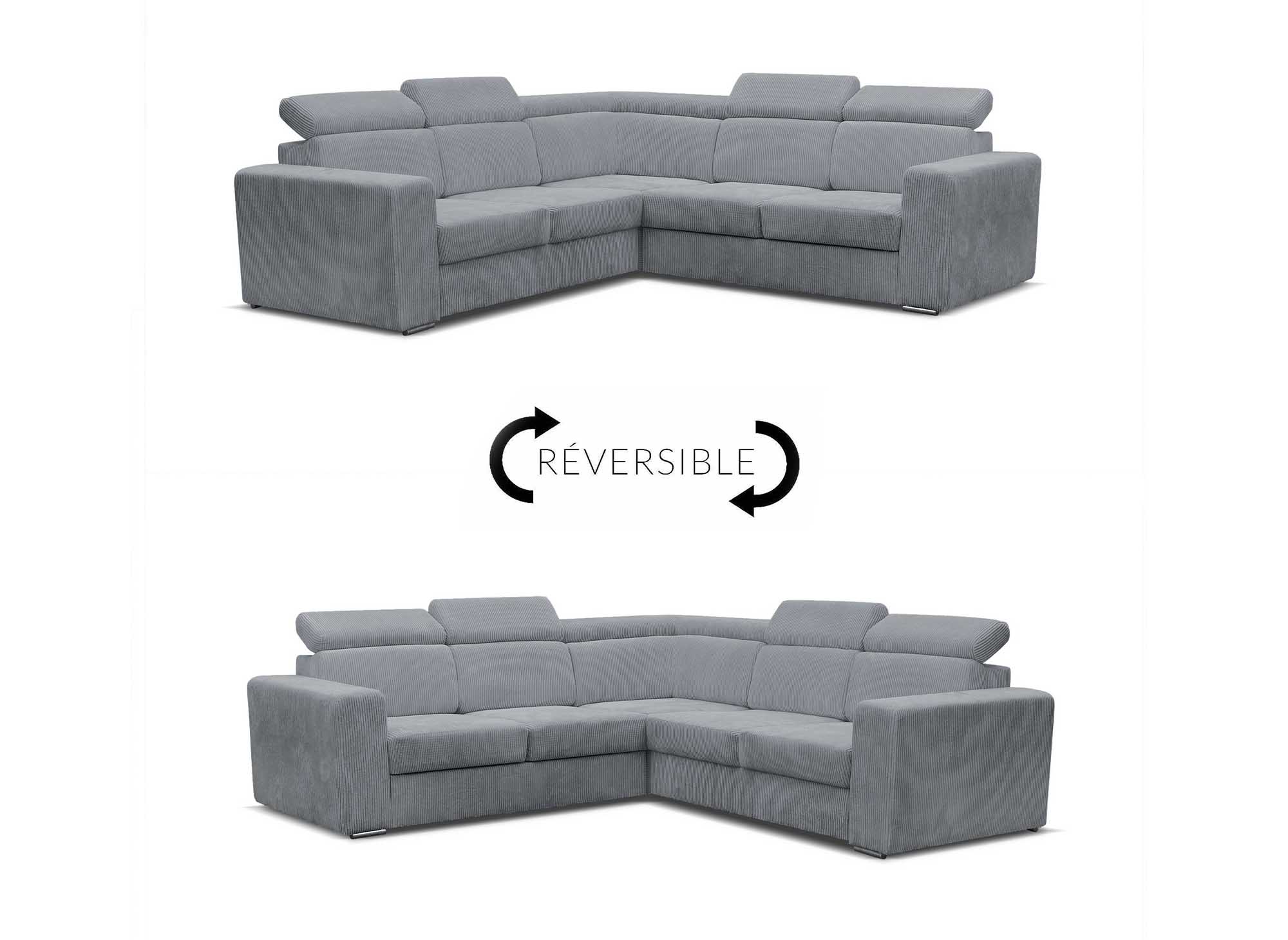 Canapé d'angle convertible et réversible en velours côtelé gris clair MERYL