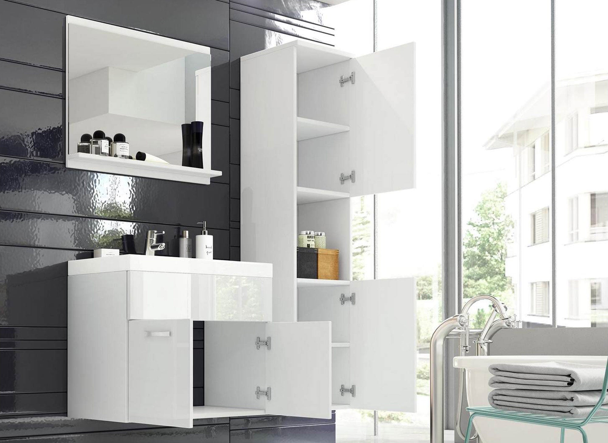 Ensemble meubles salle de bain design suspendu - Blanc laqué HARMONY