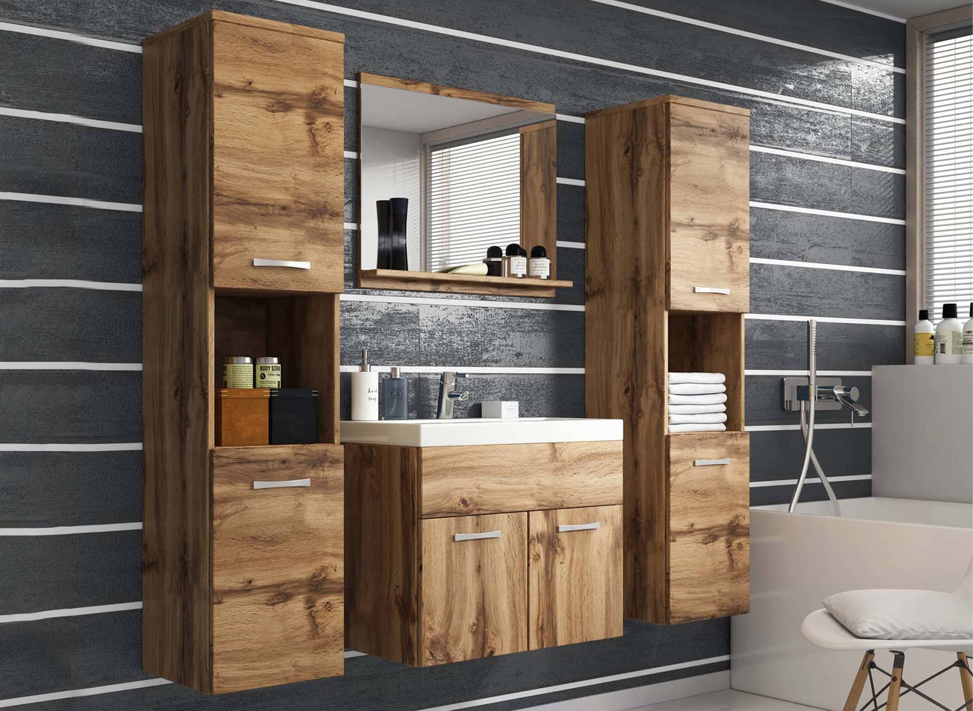 Ensemble meubles salle de bain suspendu XL - Bois effet vieilli HARMONY