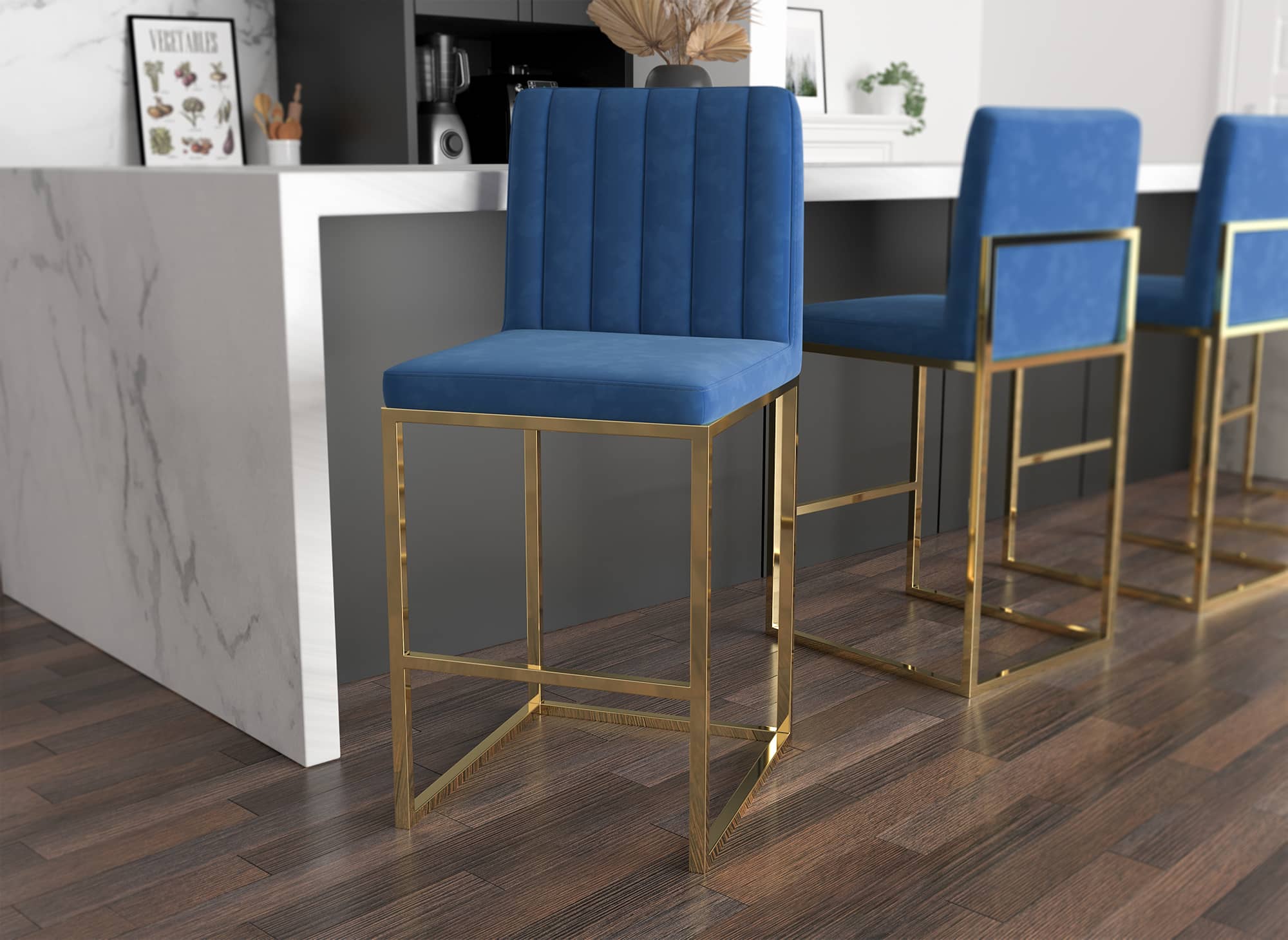 Lot de 2 tabourets de bar design en velours bleu FRIDA