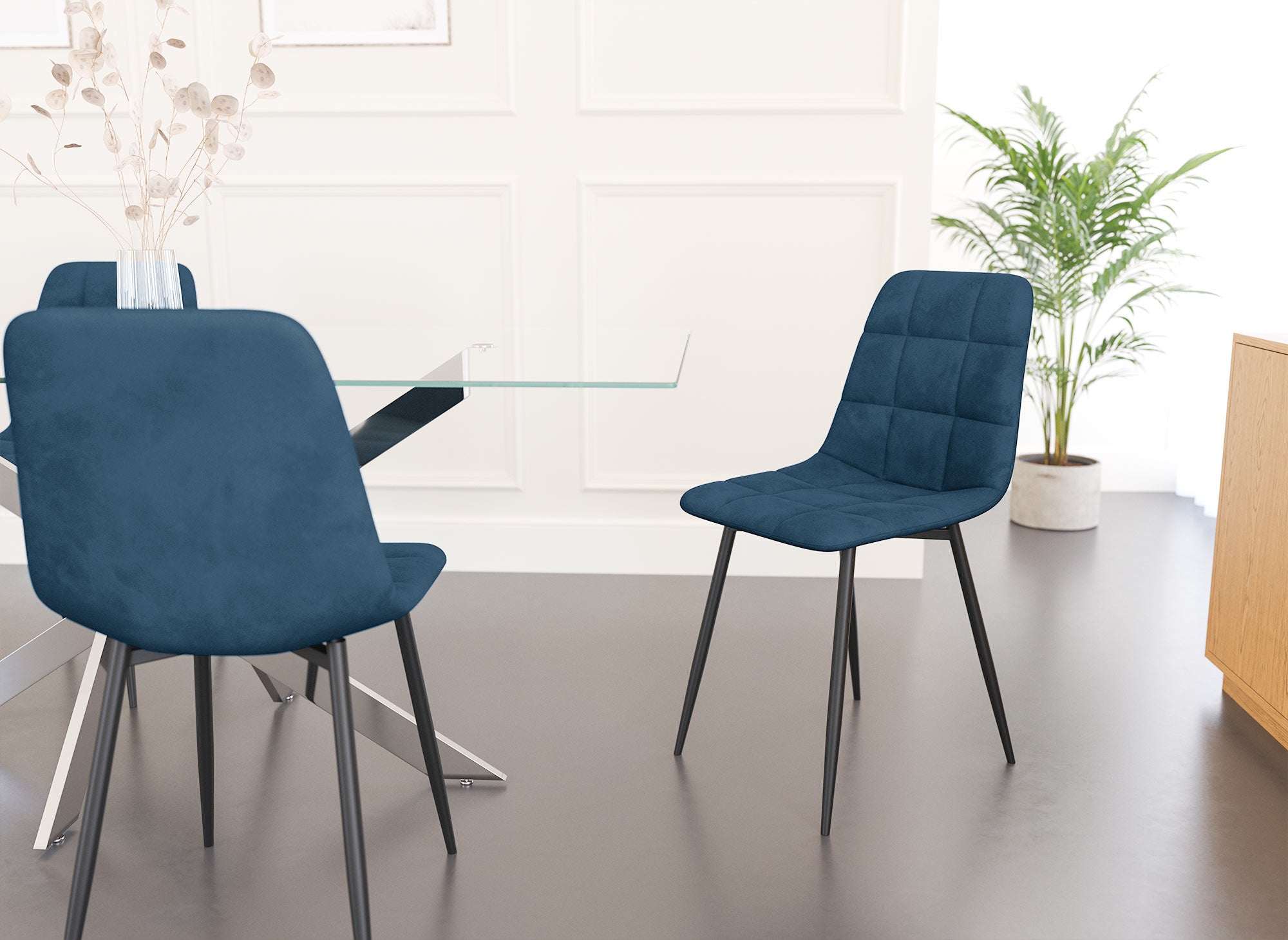 Lot de 4 chaises en velours bleu capitonné JEREMI