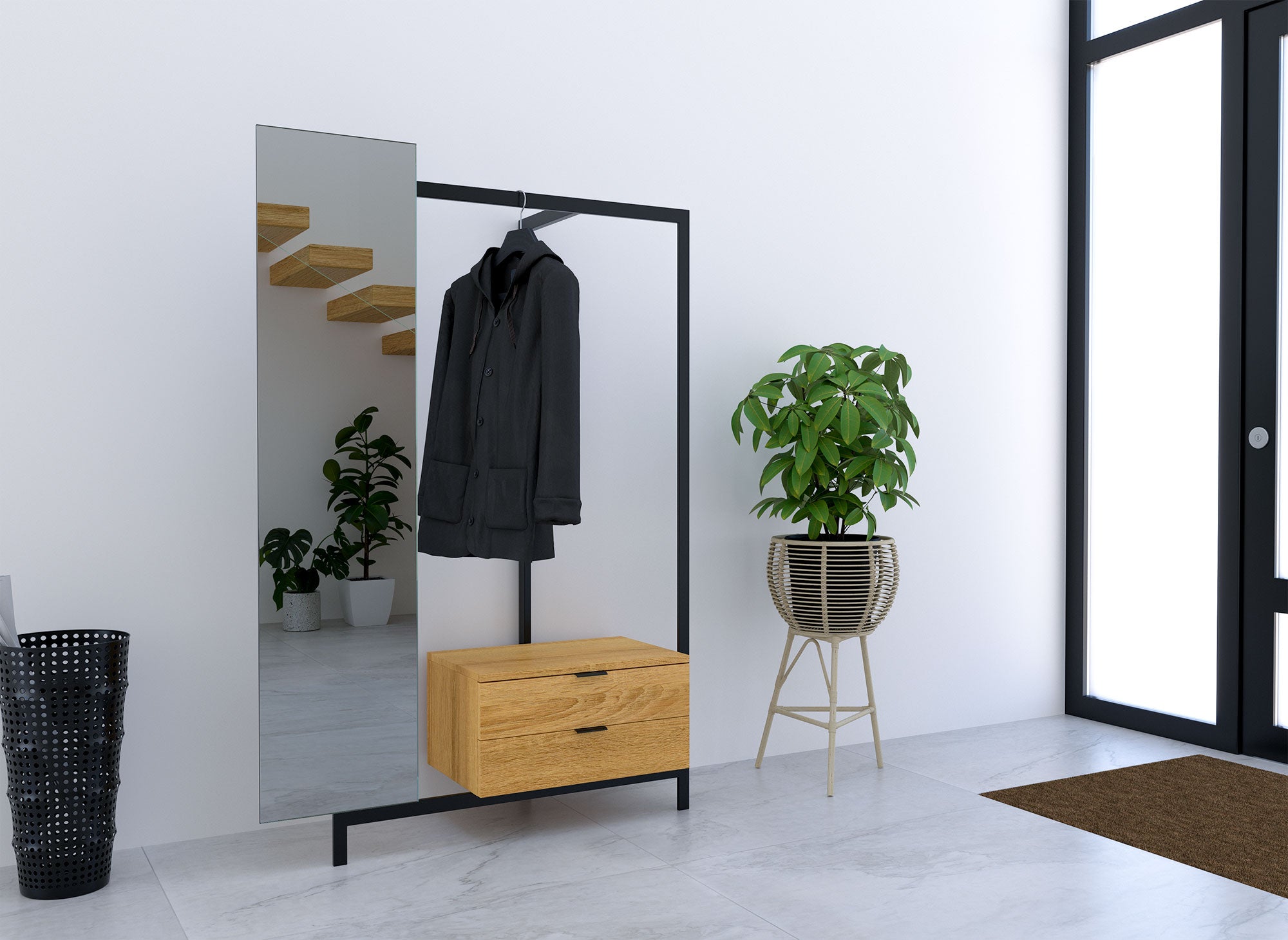 Meuble d'entrée avec armoire miroir et 2 tiroirs en bois et métal GLENN