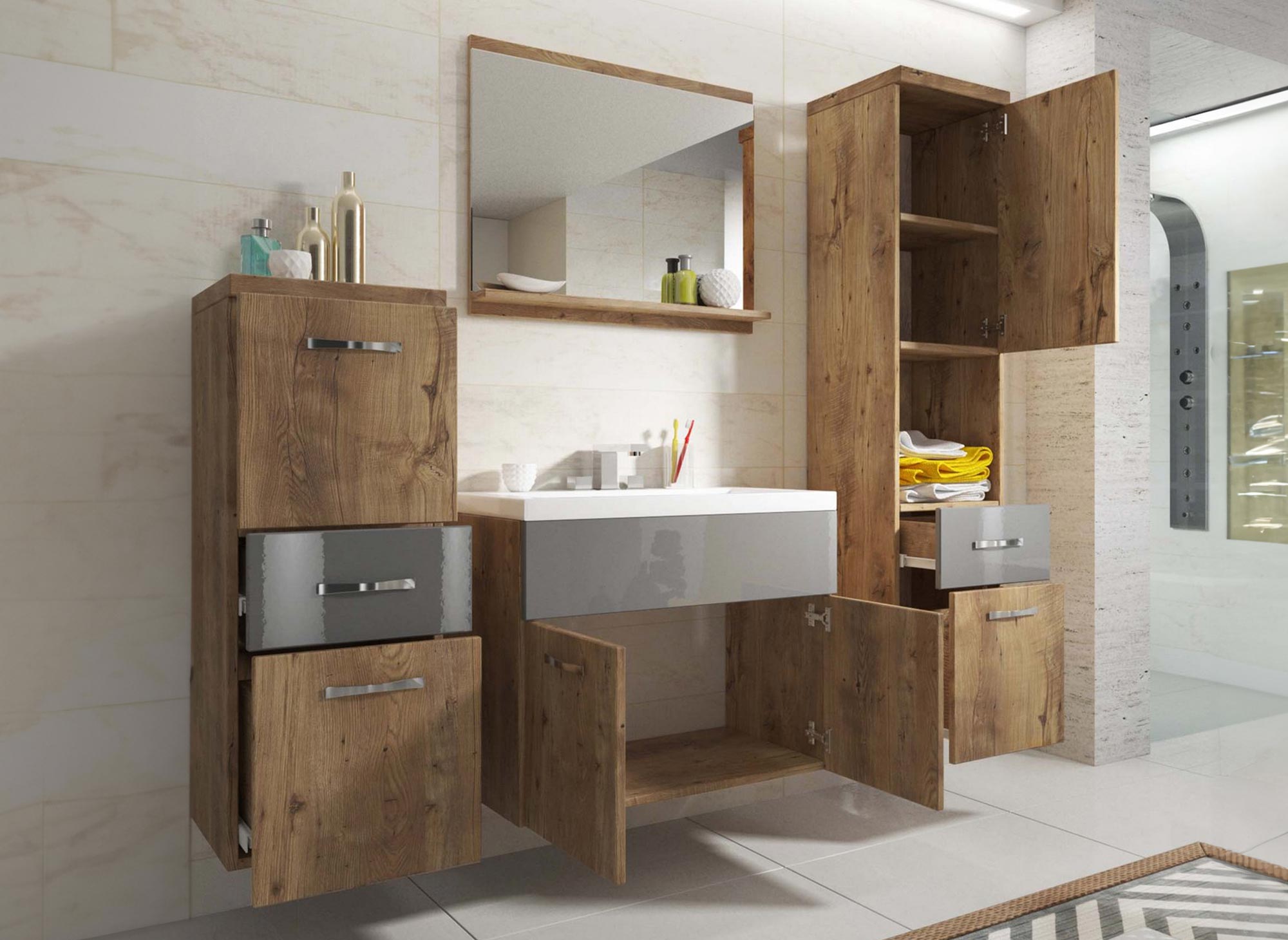 Ensemble meubles salle de bain suspendu - Bois effet vieilli et gris SHELBY