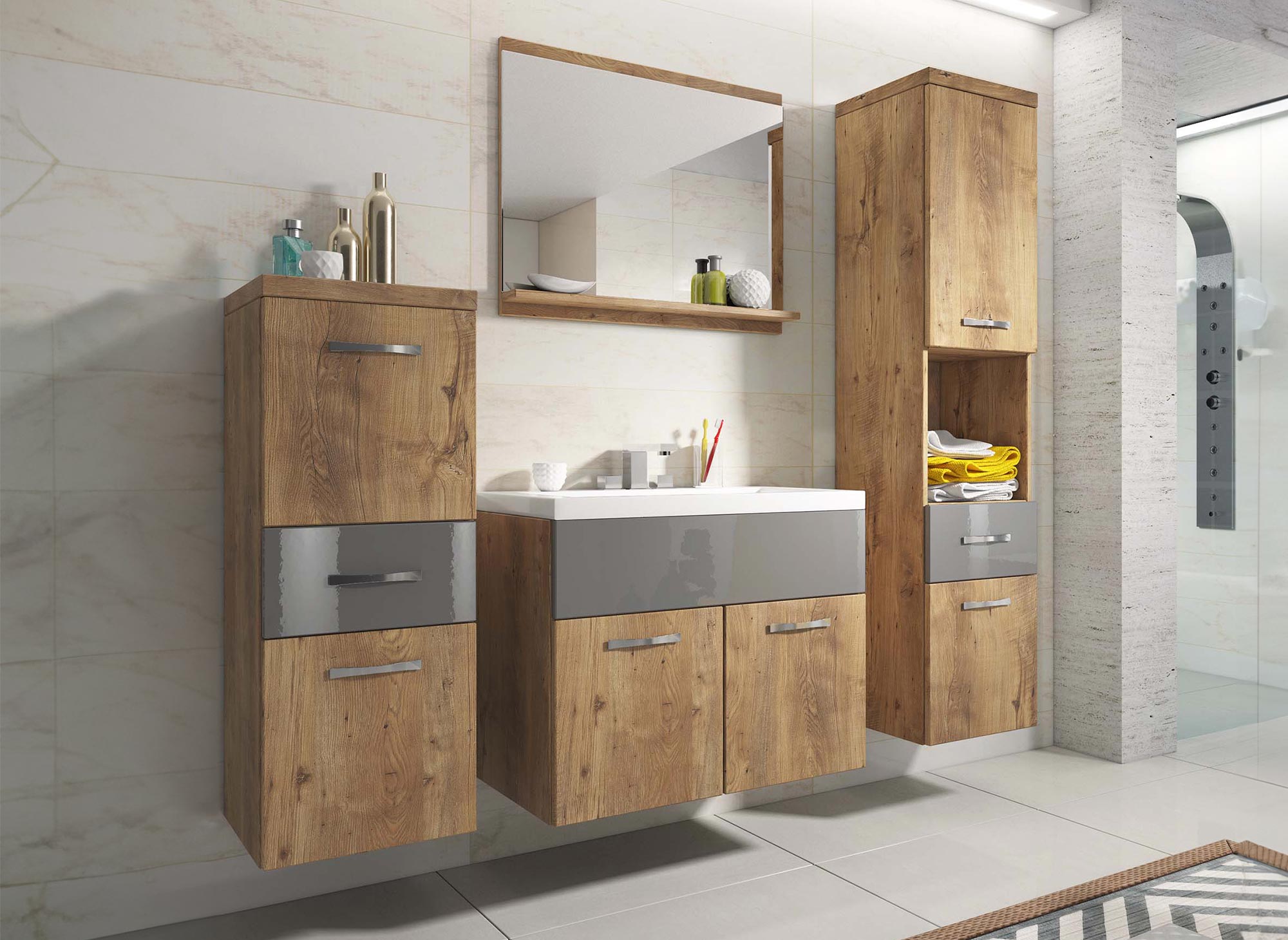 Ensemble meubles salle de bain suspendu - Bois effet vieilli et gris SHELBY