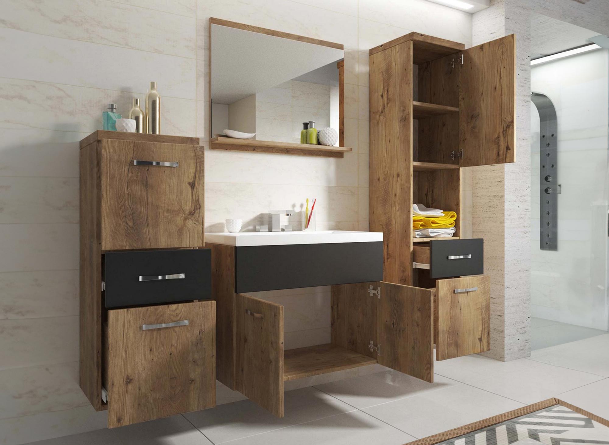 Ensemble meubles salle de bain suspendu - Bois effet chêne et noir SHELBY