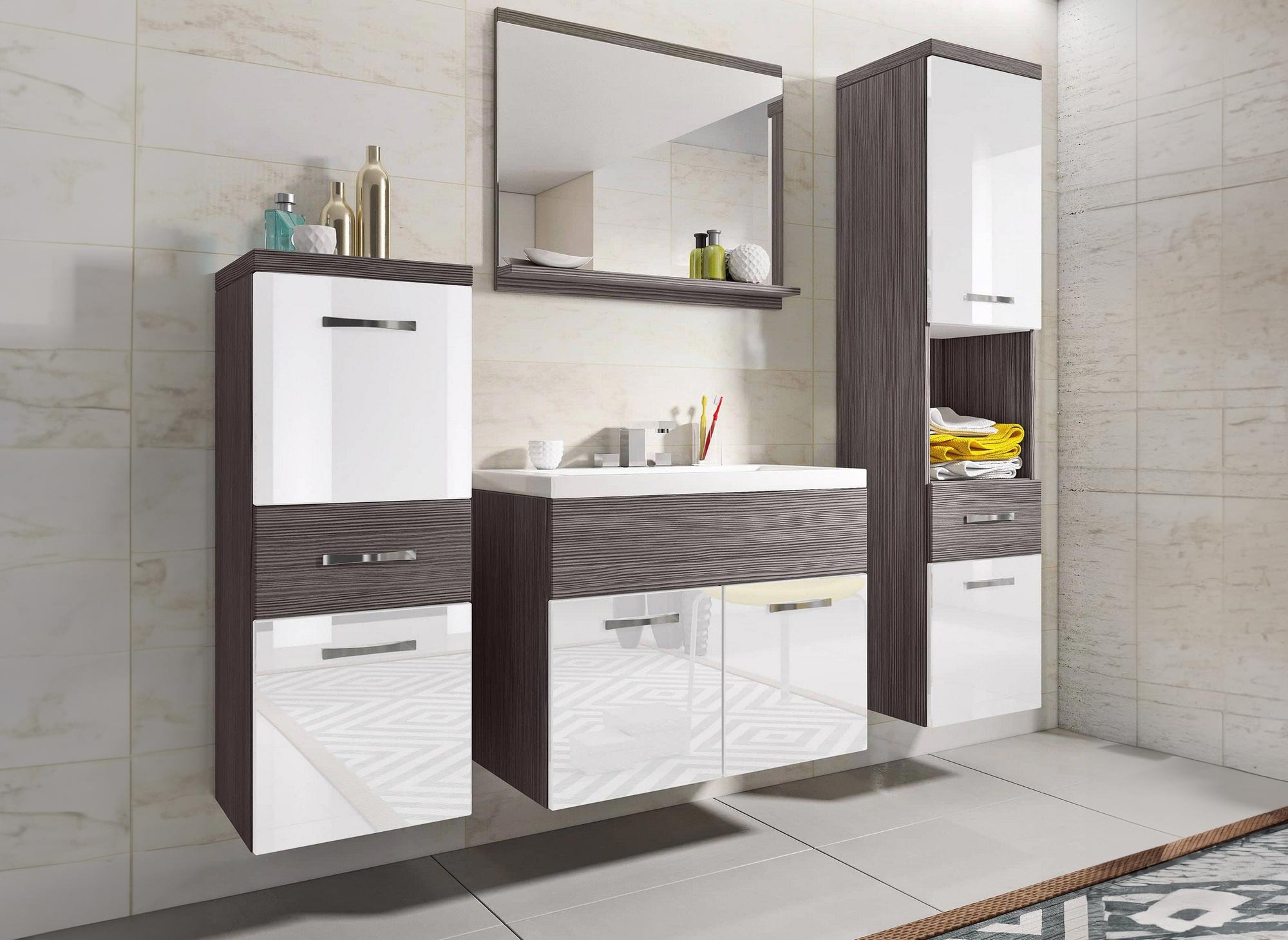 Ensemble meubles salle de bain suspendu - Gris foncé et blanc SHELBY