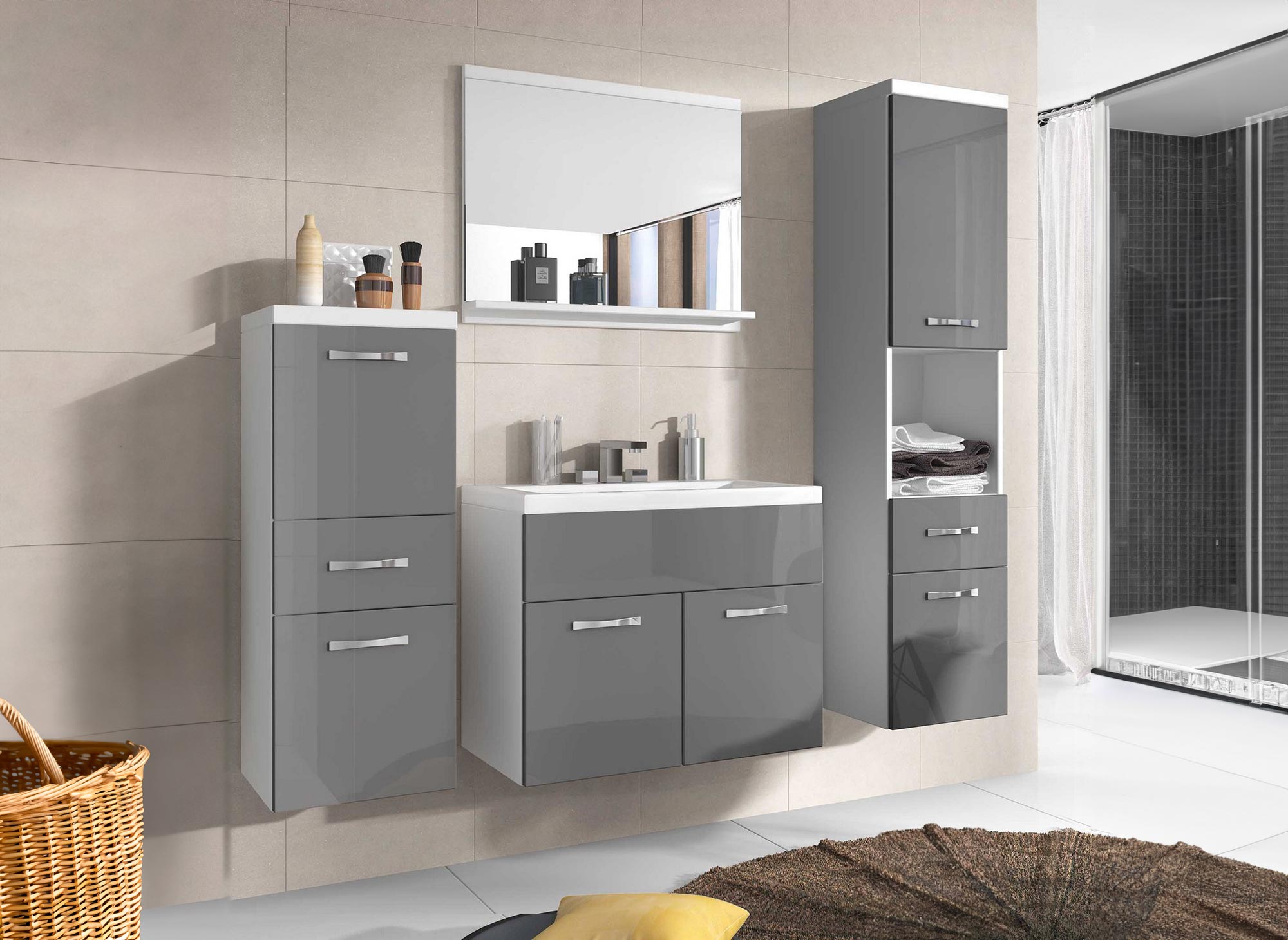 Ensemble meubles salle de bain suspendu - Blanc et gris SHELBY