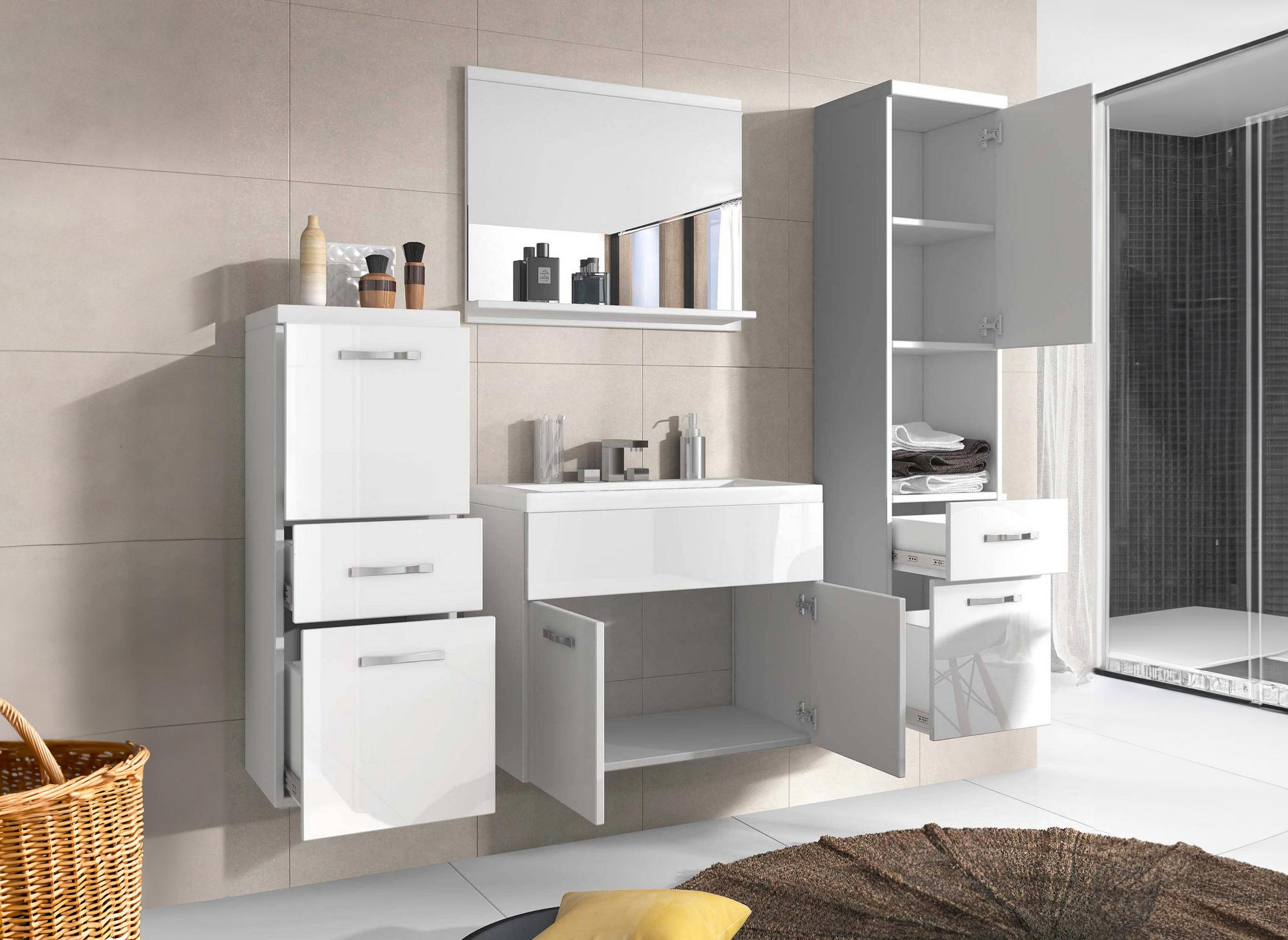 Ensemble meubles salle de bain design suspendu - Blanc laqué SHELBY