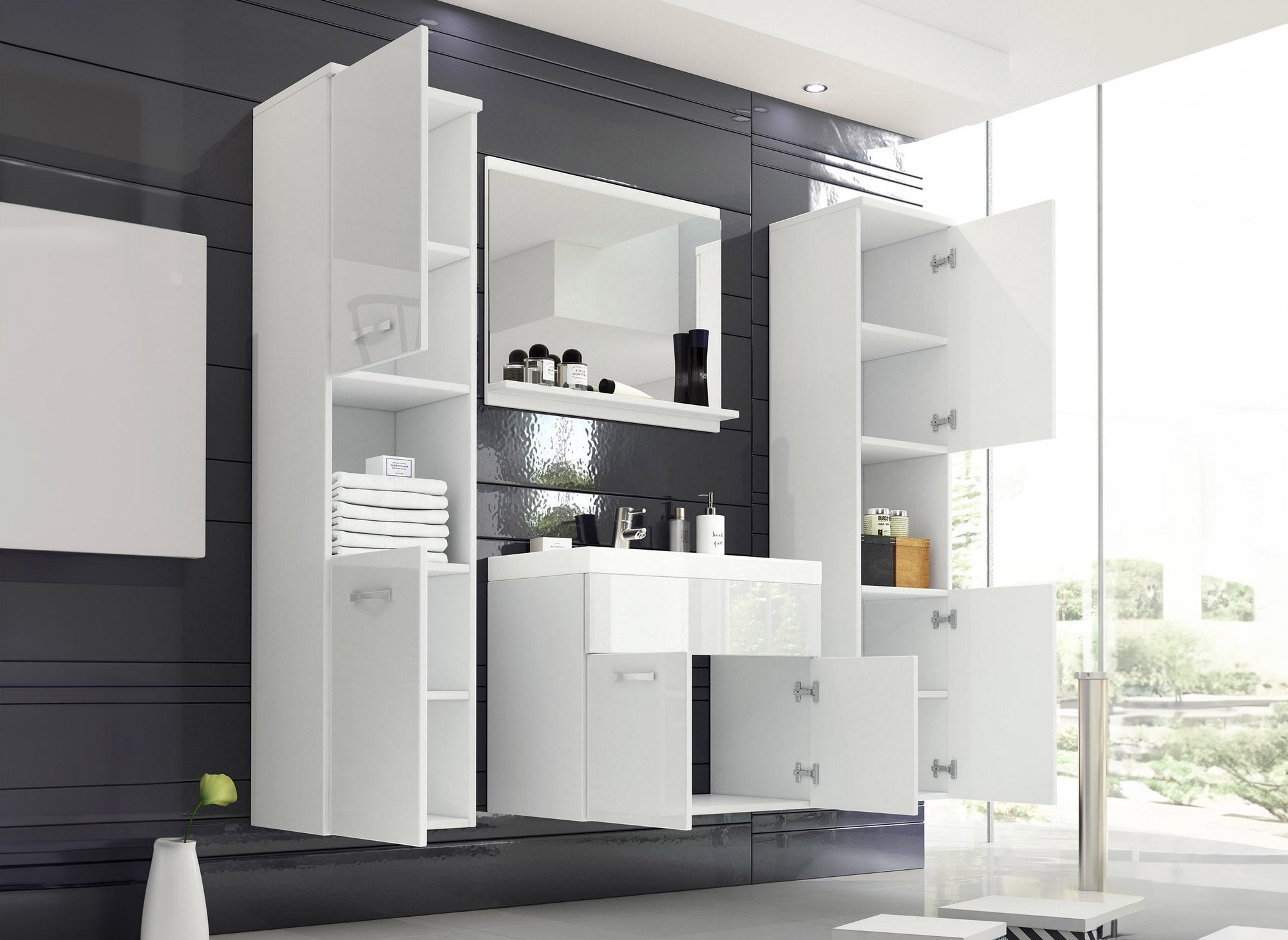 Ensemble meubles salle de bain design suspendu XL - Blanc laqué HARMONY