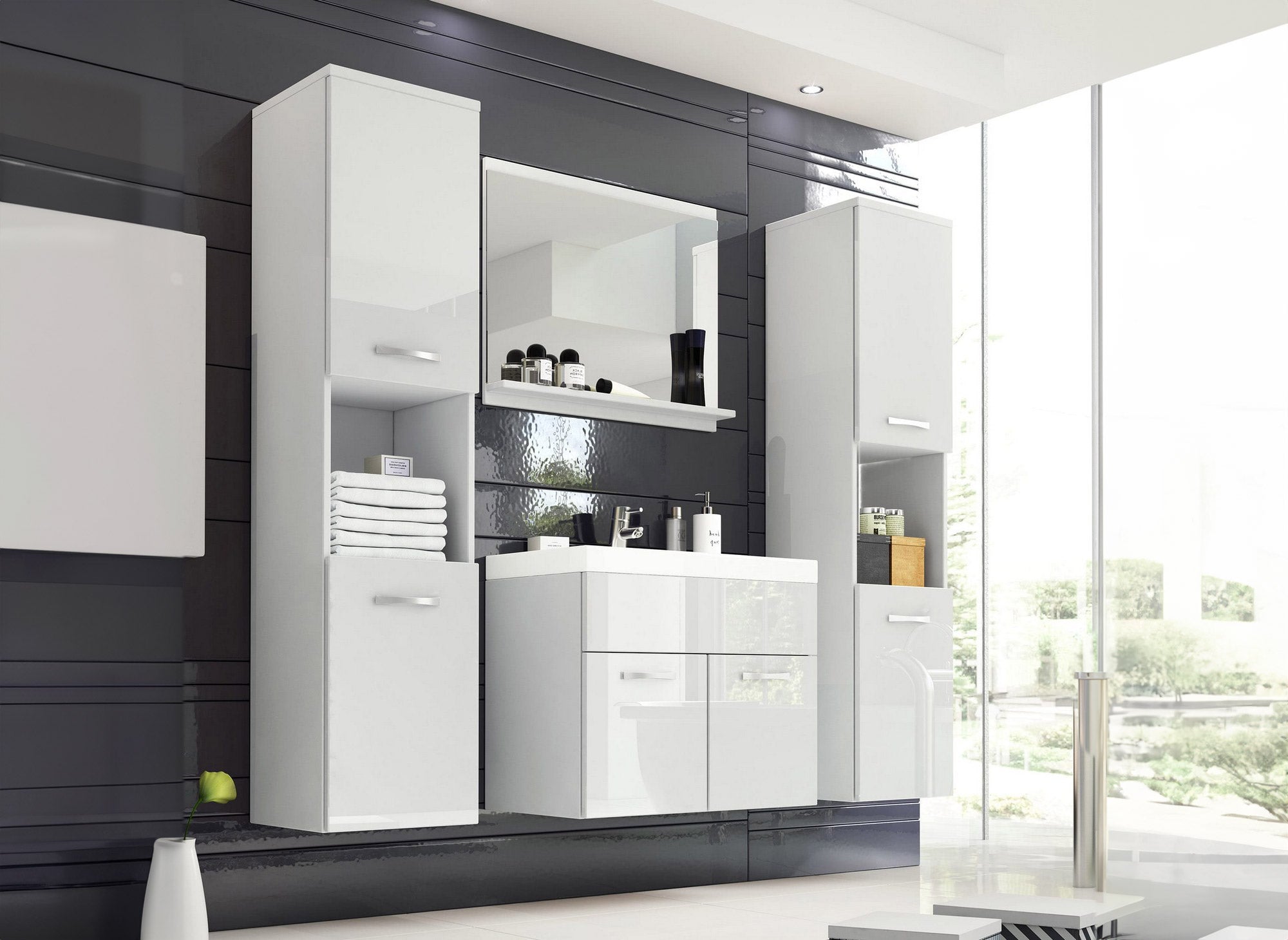 Ensemble meubles salle de bain design suspendu XL - Blanc laqué HARMONY