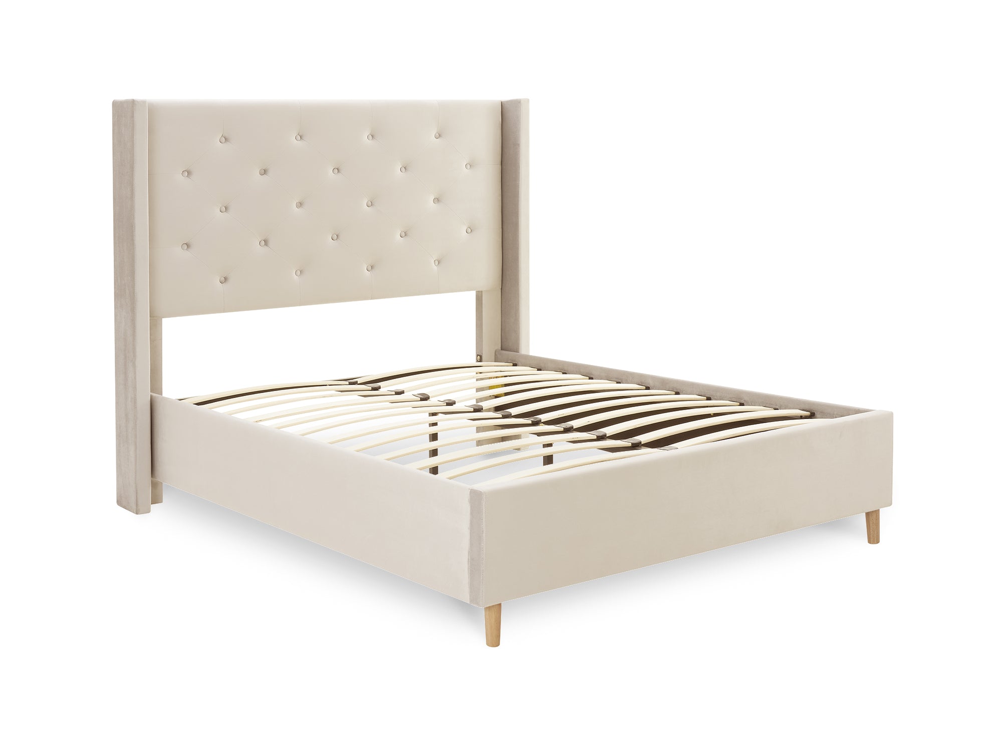 Lit double en velours capitonné beige MAREVA 140x190 cm