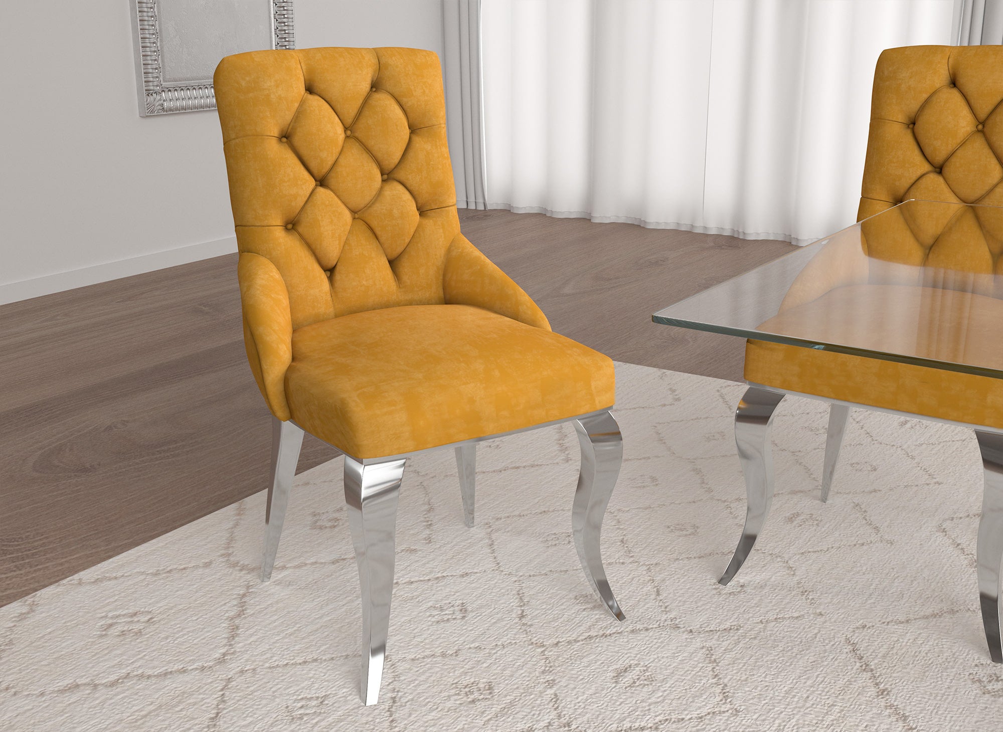 Lot de 2 chaises baroque en velours moutarde pieds argenté ROCCO