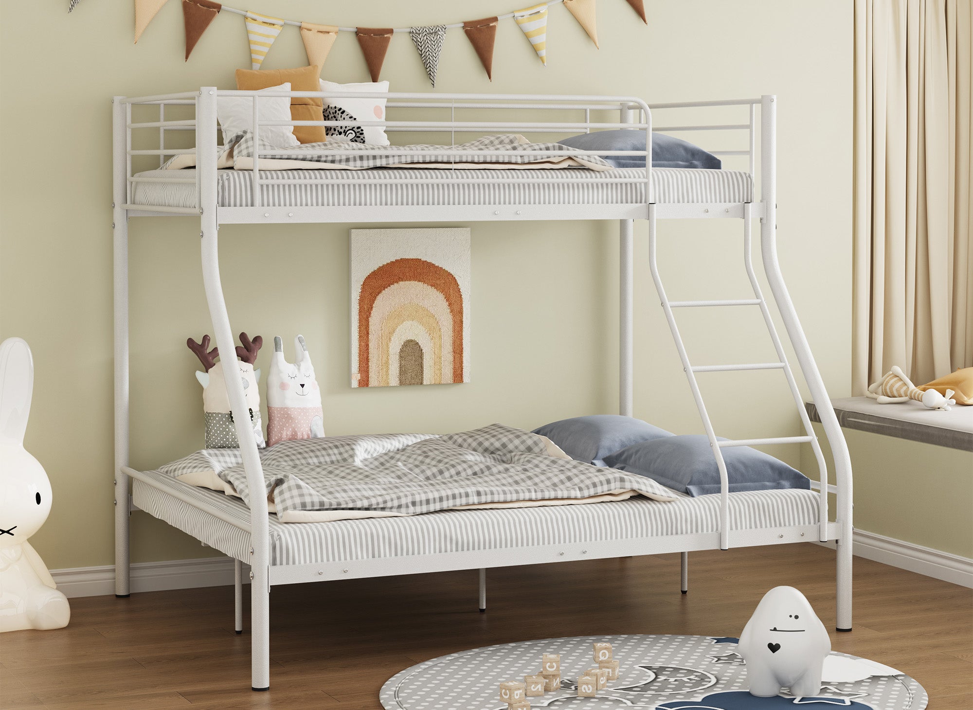 Lit superposé 3 places en métal blanc 90 x 190 cm et 140 x 190 cm TRINITY