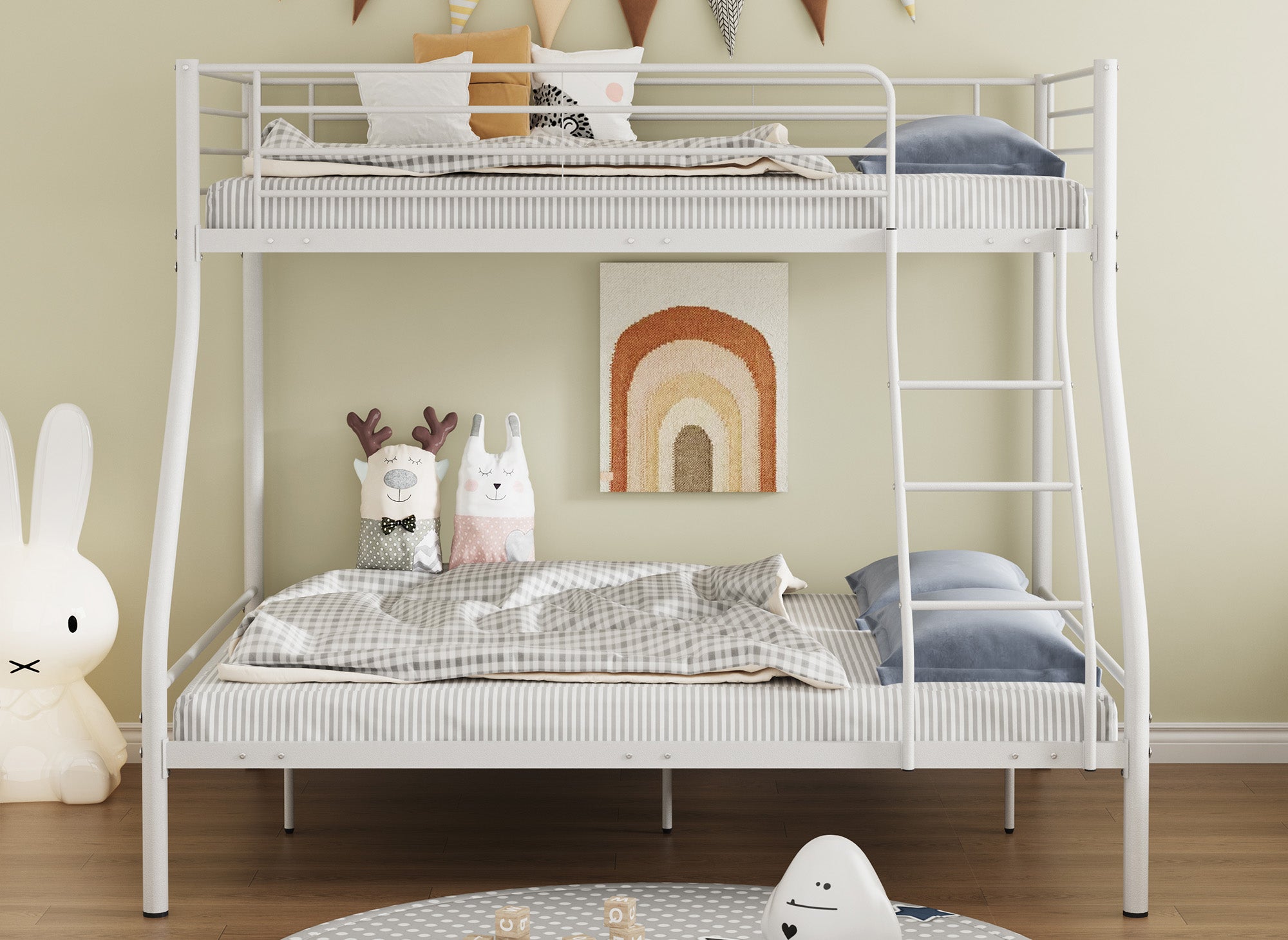 Lit superposé 3 places en métal blanc 90 x 190 cm et 140 x 190 cm TRINITY