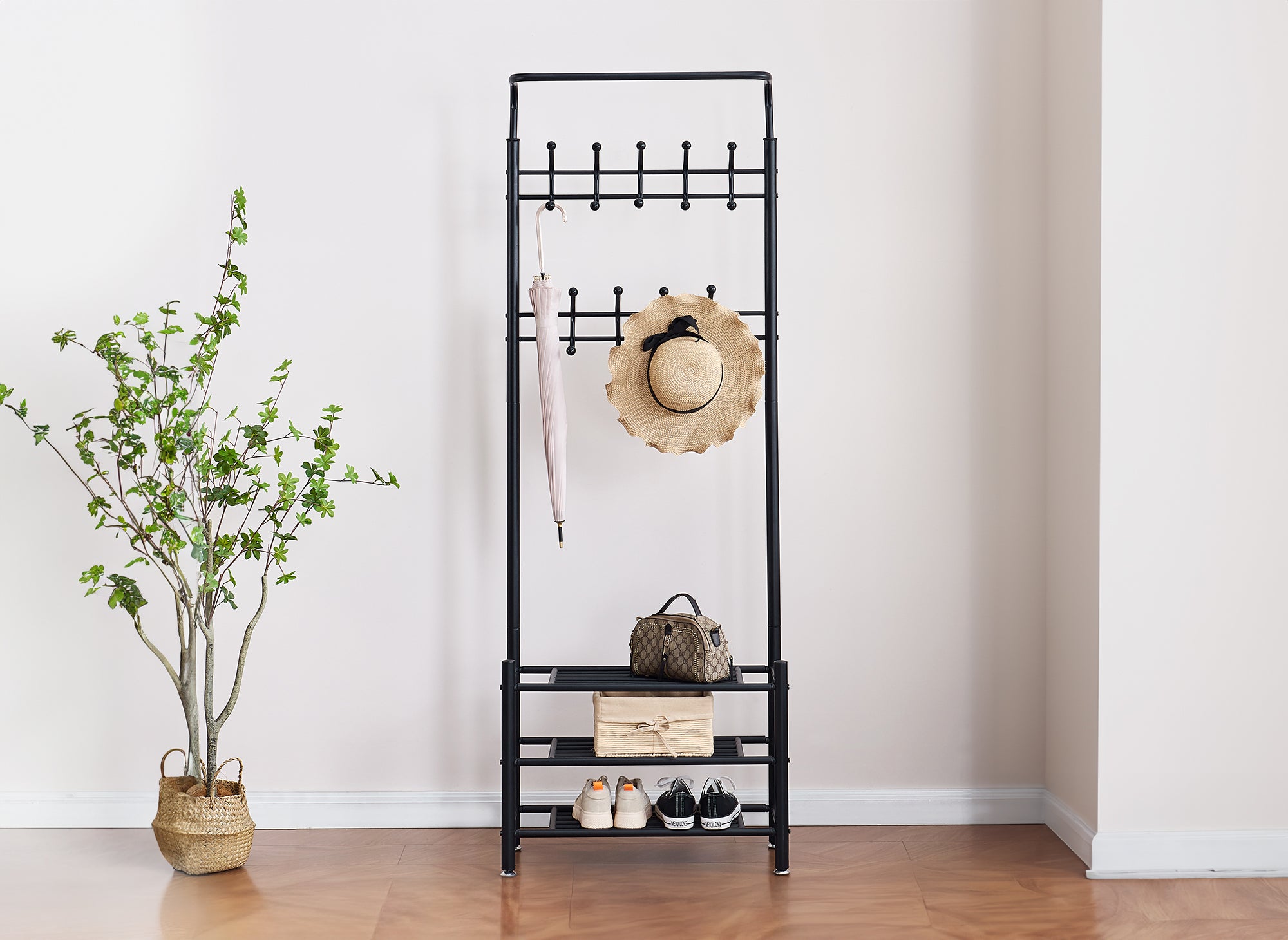 Meuble d'entrée portant avec 3 étagères en métal noir ROMAIN