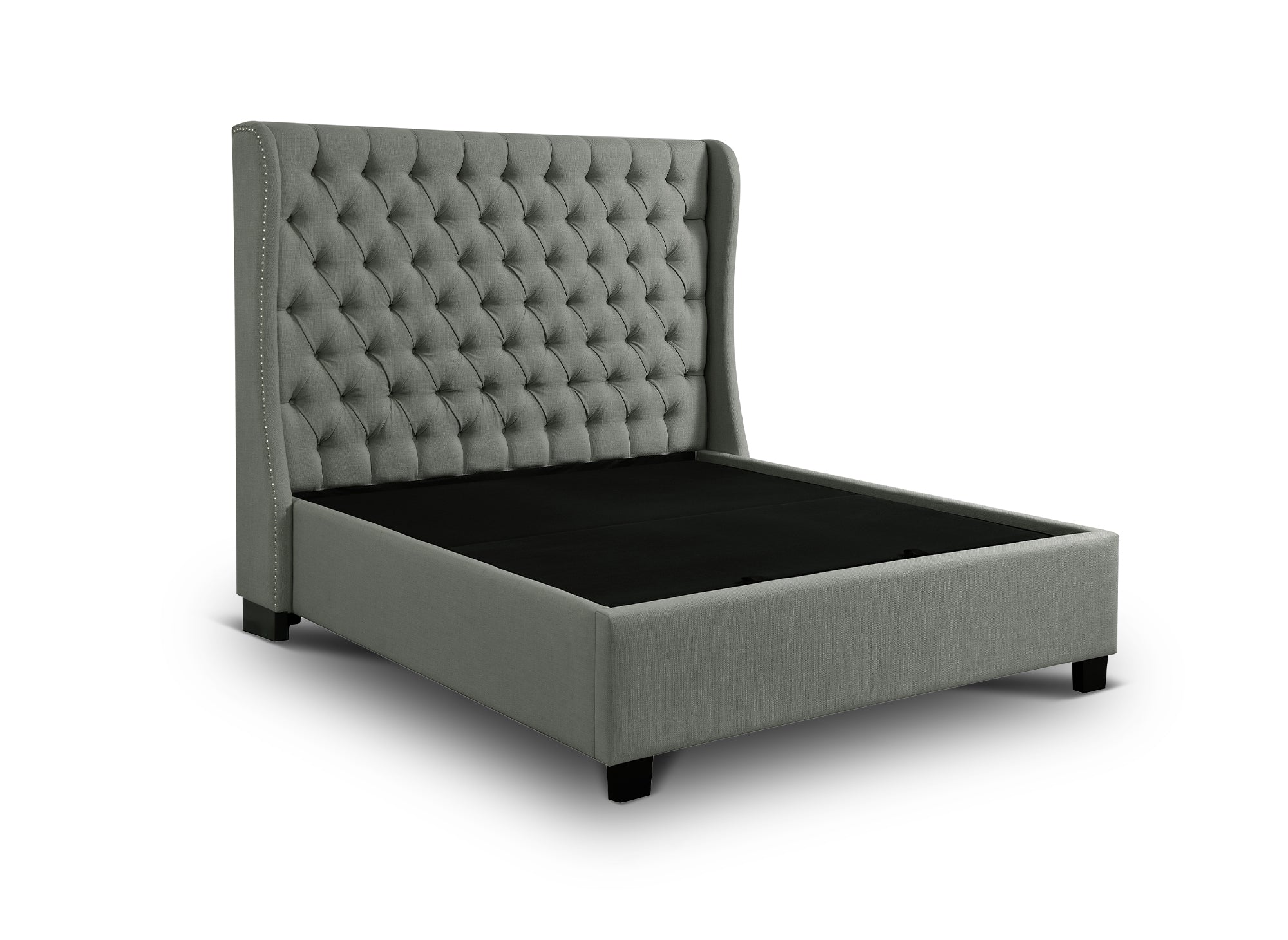 Lit coffre capitonné en tissu lin gris FLORINE 180 x 200 cm