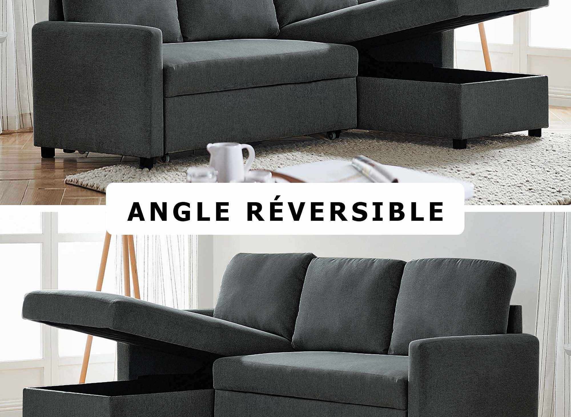 Canapé d'angle réversible convertible coffre de rangement en tissu gris anthracite ADAM