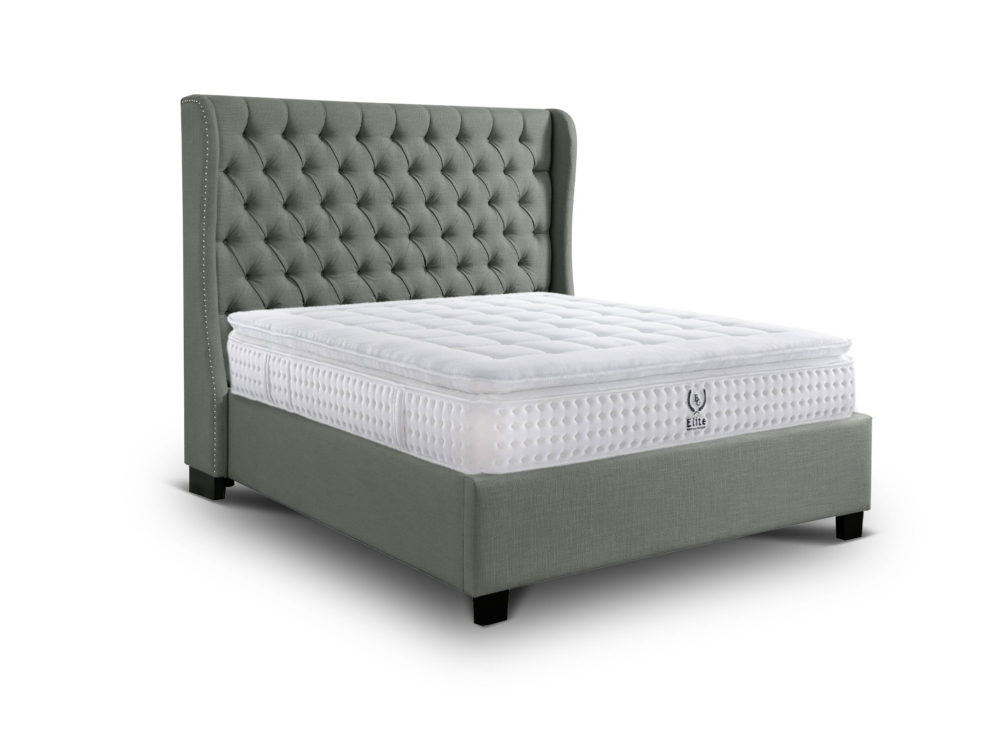 Lit coffre capitonné en tissu lin gris FLORINE 140 x 190 cm