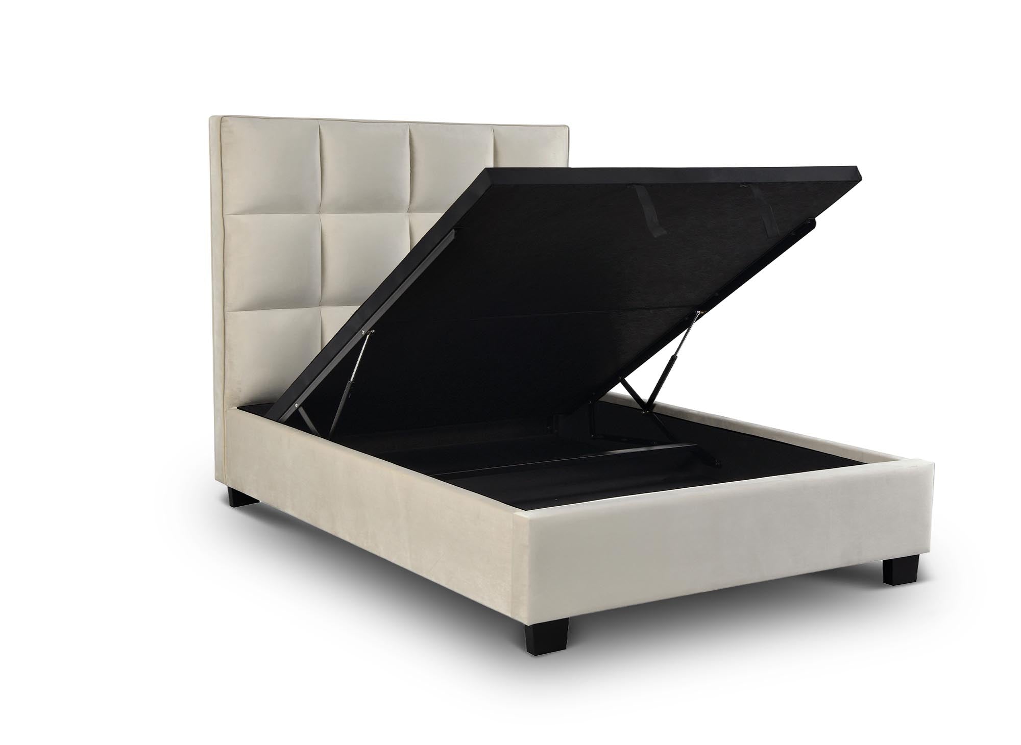 Lit coffre en velours beige design CAROLINE 140 x 190 cm