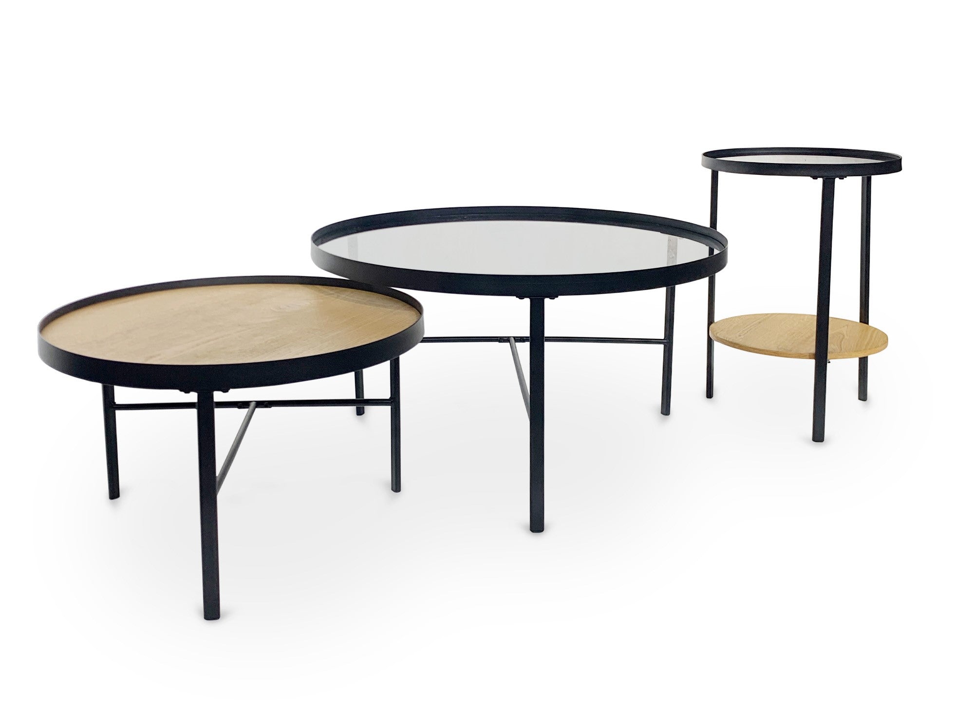 Lot de 3 tables basses rondes en bois et verre RIONA