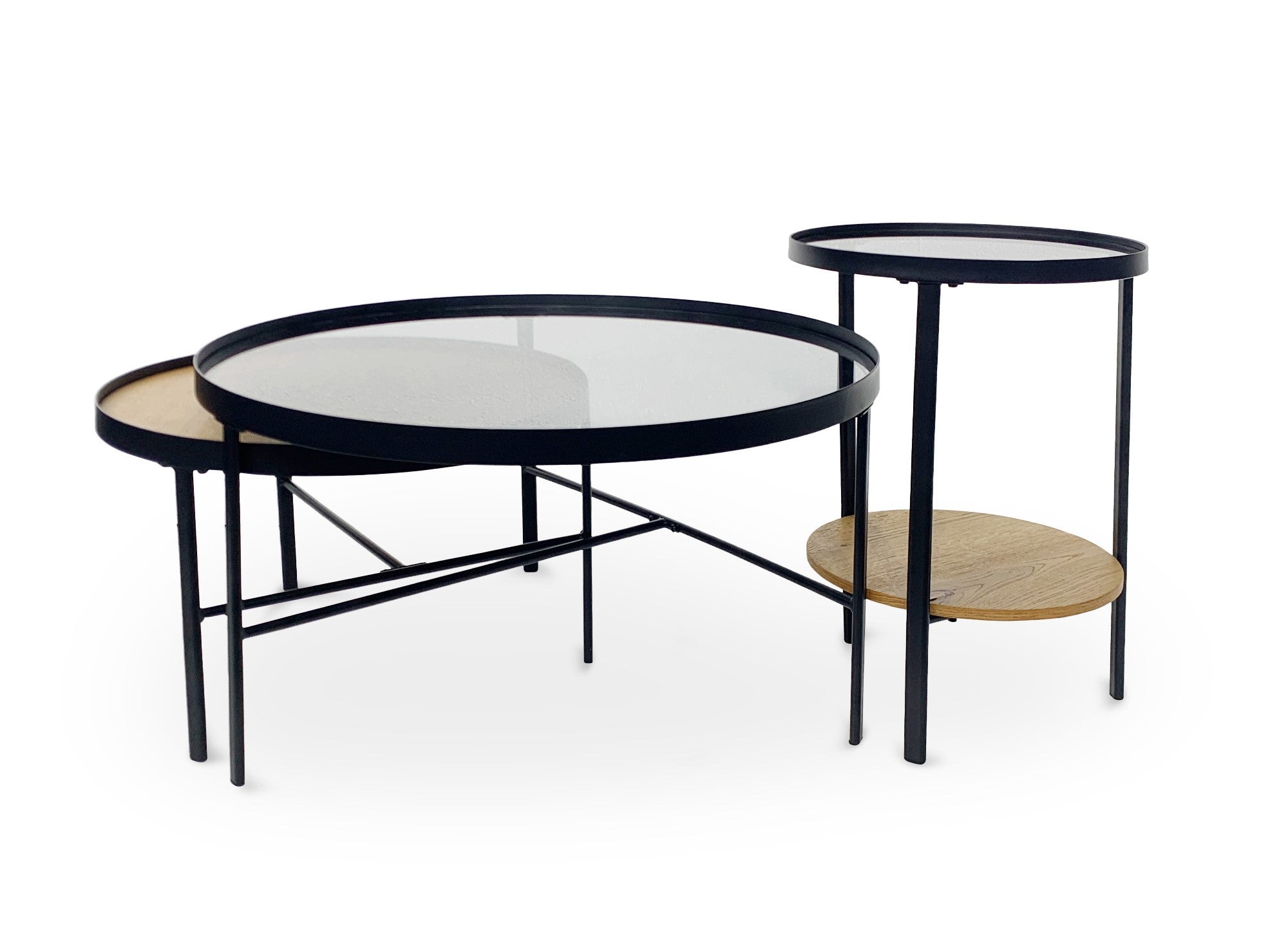 Lot de 3 tables basses rondes en bois et verre RIONA